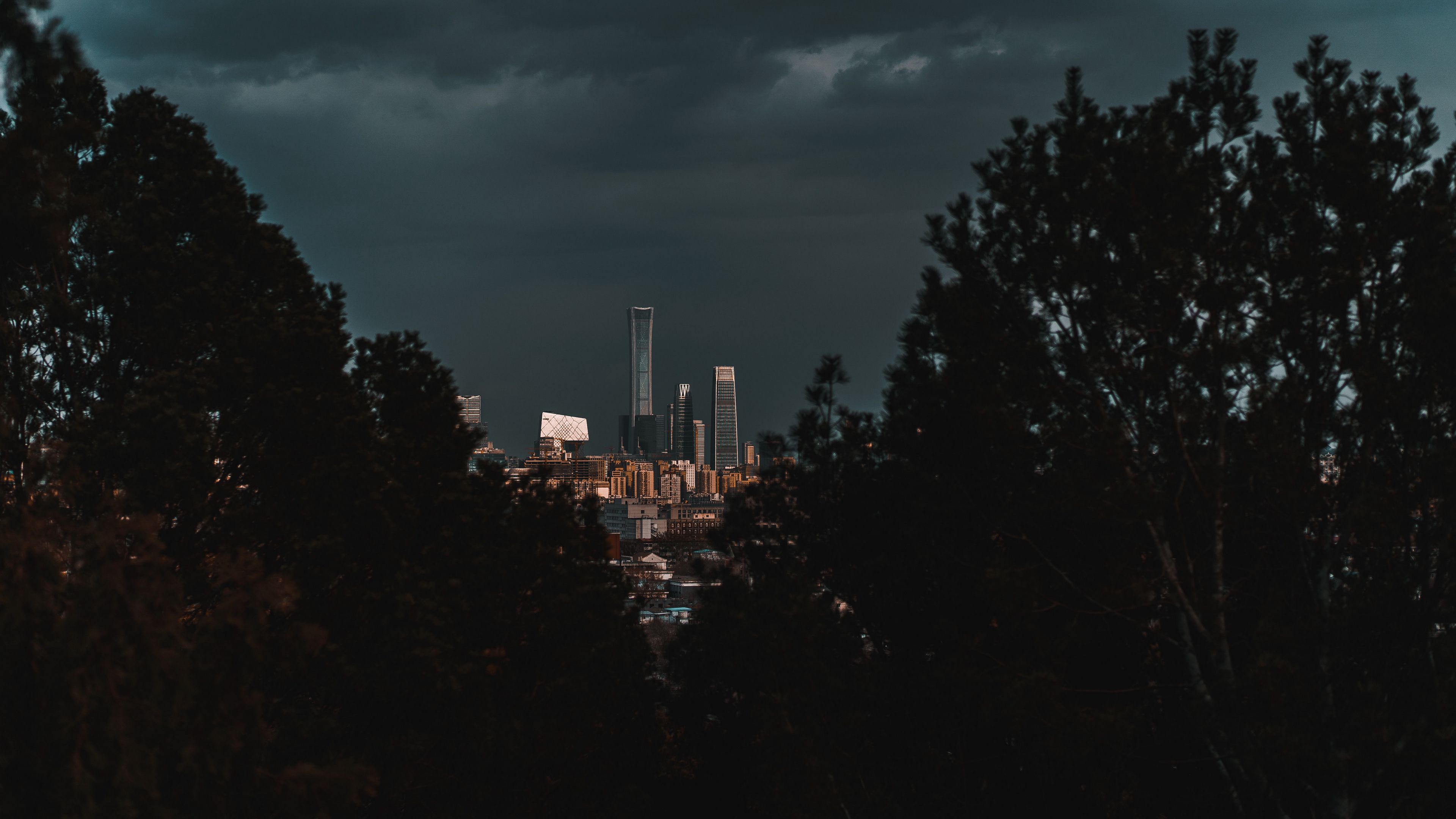 city, buildings, trees, clouds, dark, 4k, HD Wallpaper