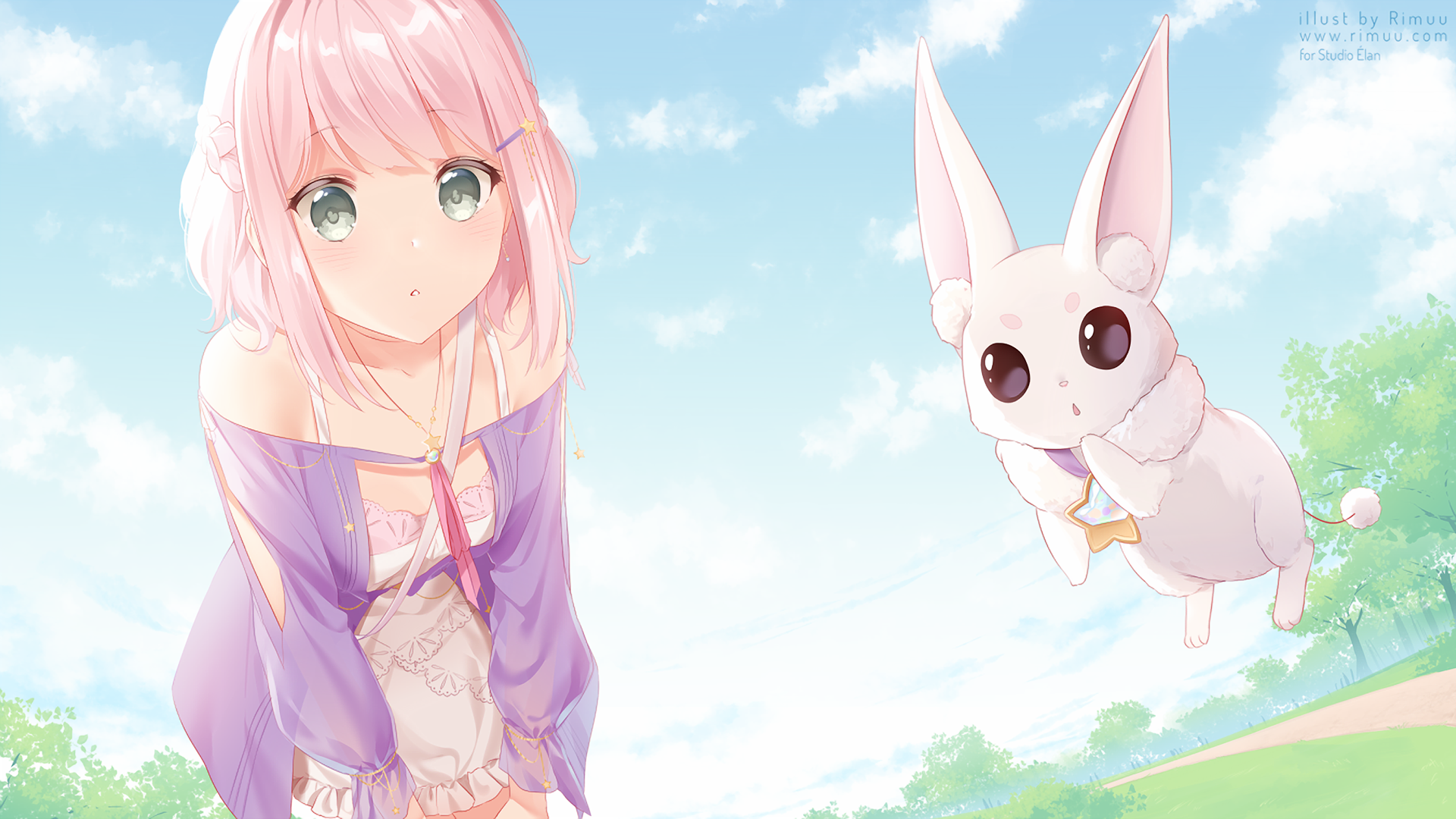 anime, anime girls, original characters, pink hair, clouds, sky, looking at viewer, HD Wallpaper