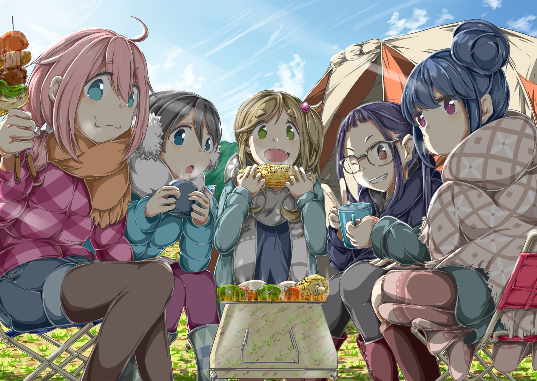 Yuru Camp, anime, anime girls eating, anime girls, Rin Shima, Nadeshiko Kagamihara, Chiaki Oogaki, Aoi Inuyama, HD Wallpaper