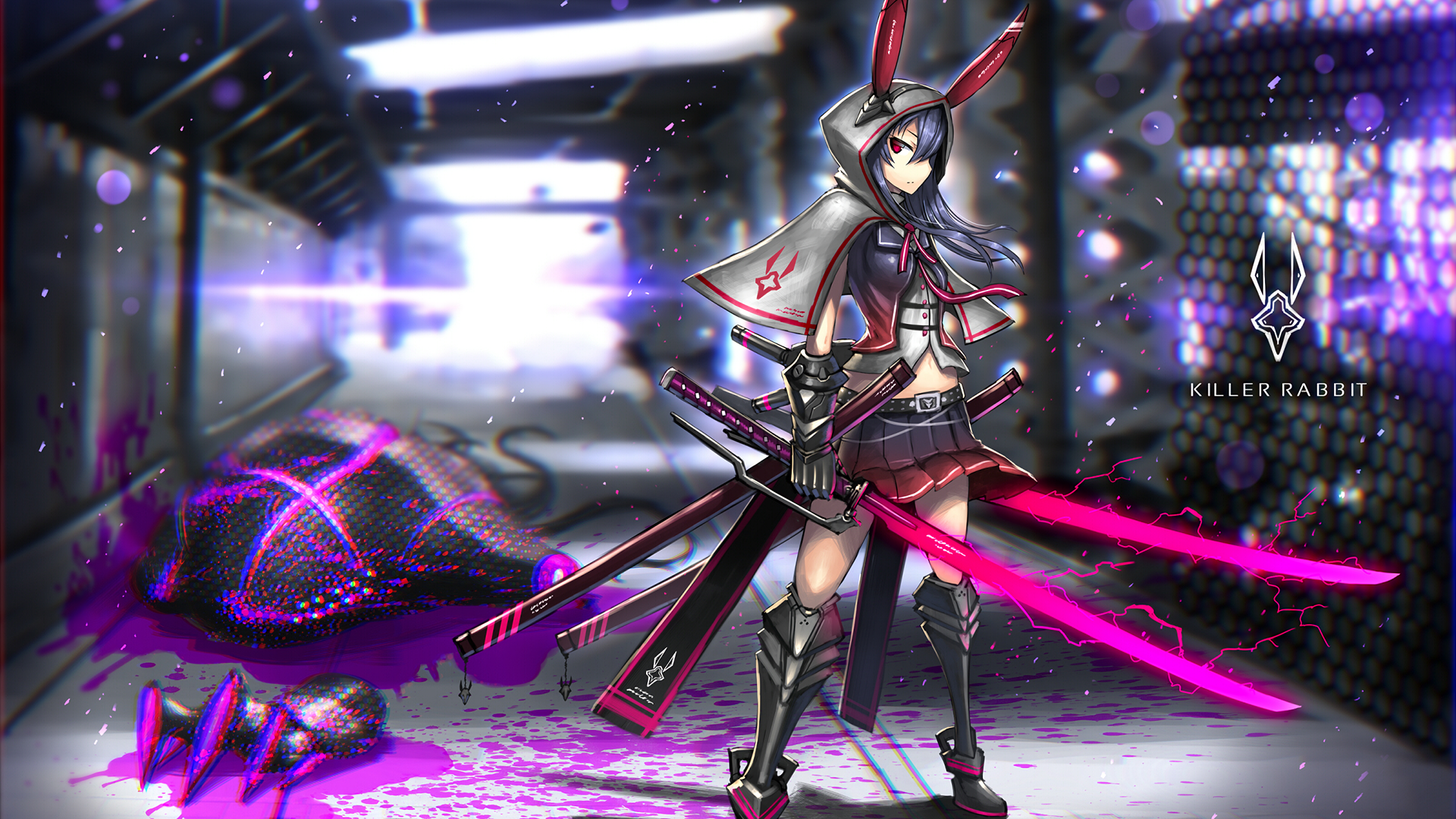 gloves, skirt, red eyes, armor, katana, HD Wallpaper