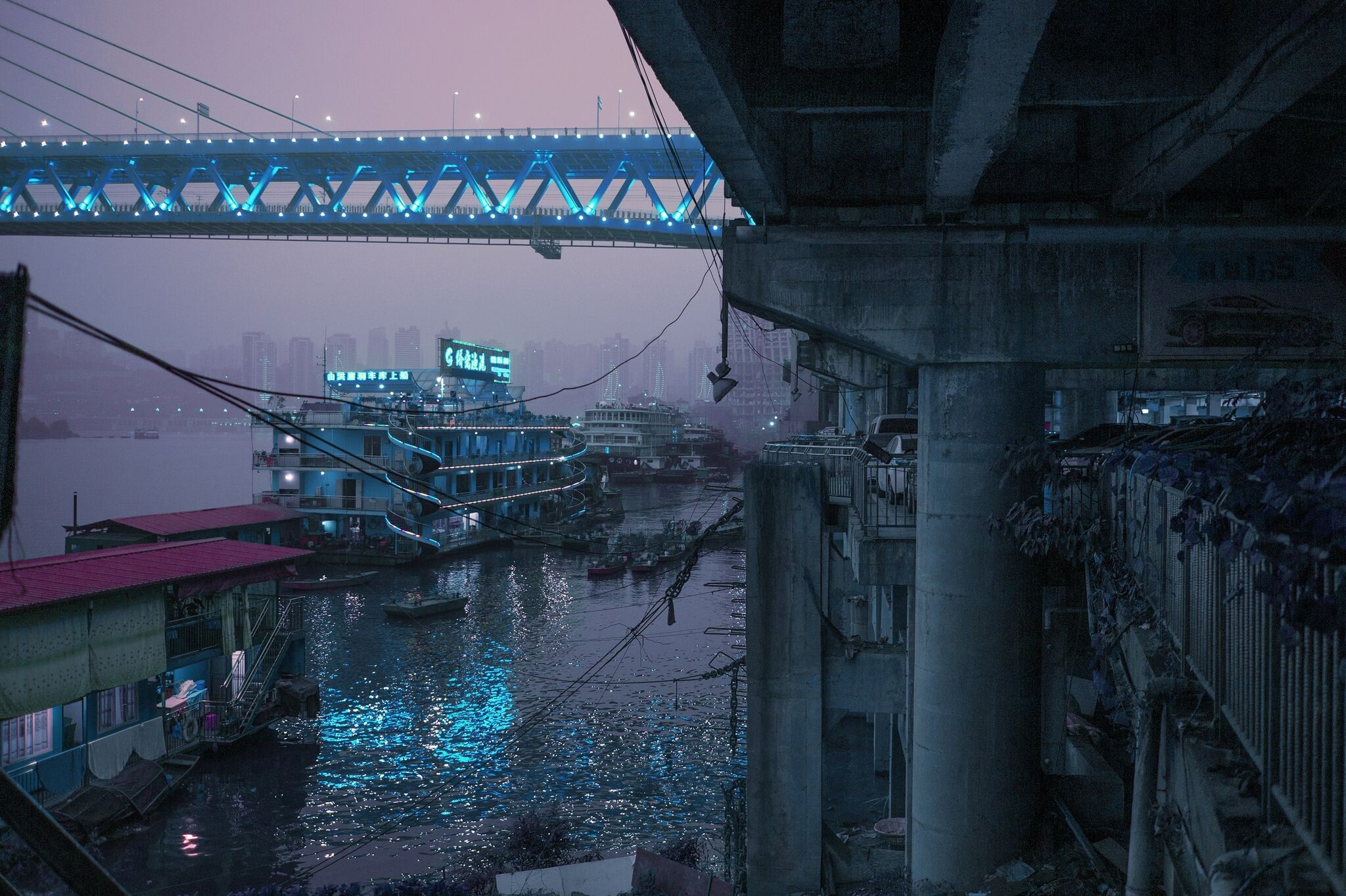 cityscape, neon, boat, bridge, ChongQing, China, HD Wallpaper