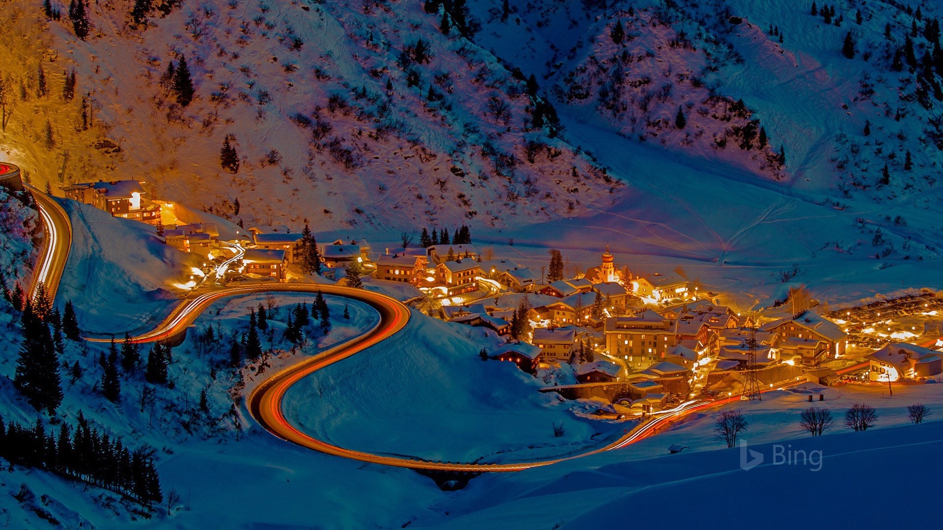 Bing, photography, landscape, snow, winter, town, lights, HDR, road, trees, HD Wallpaper