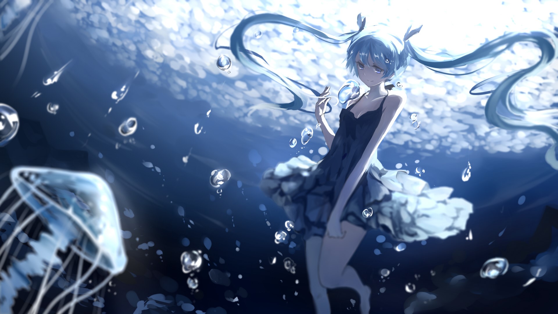 anime, anime girls, long hair, blue eyes, underwater, jellyfish, Vocaloid, HD Wallpaper