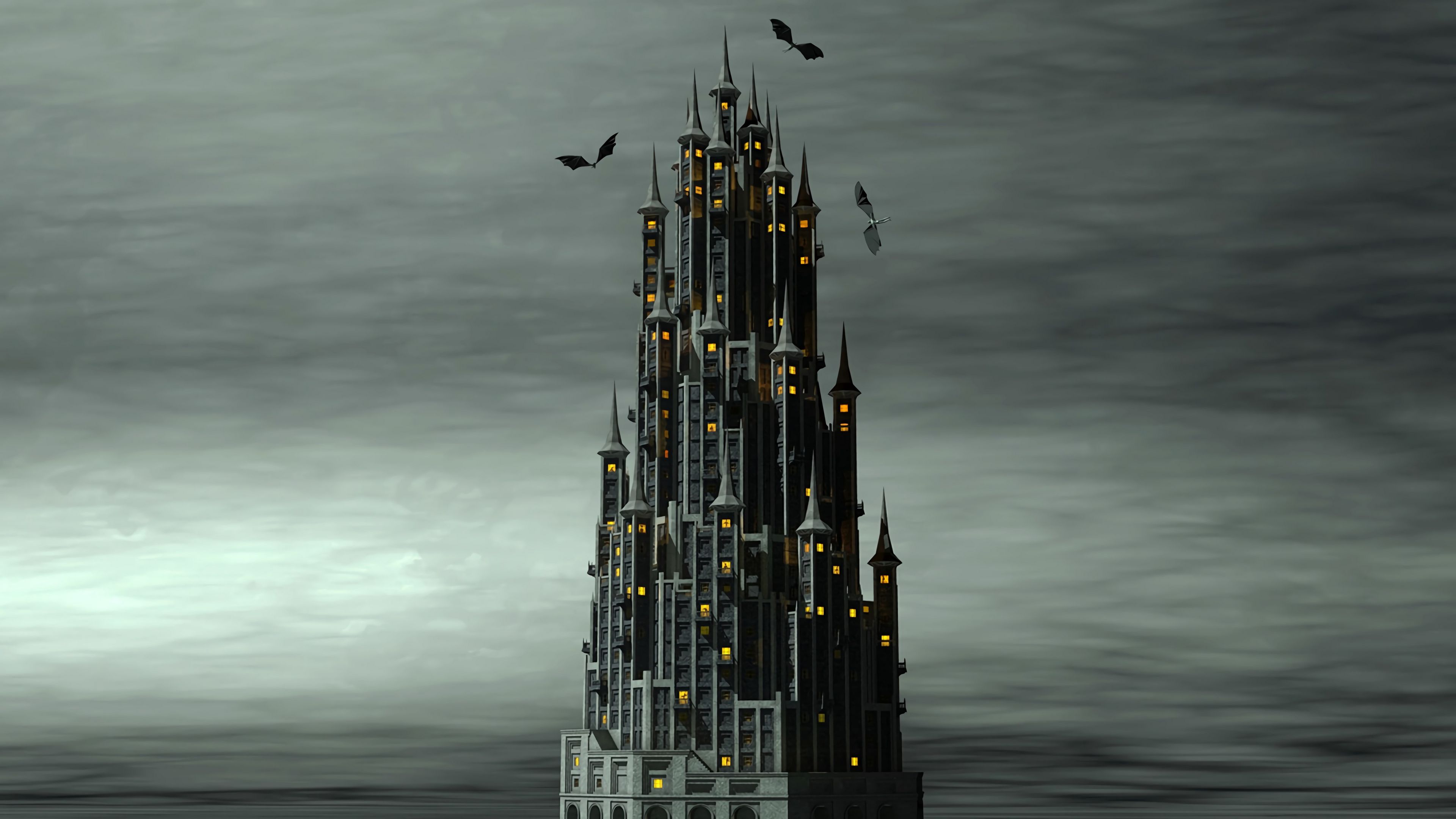 castle, dragons, fog, building, fantastic, 4k, HD Wallpaper