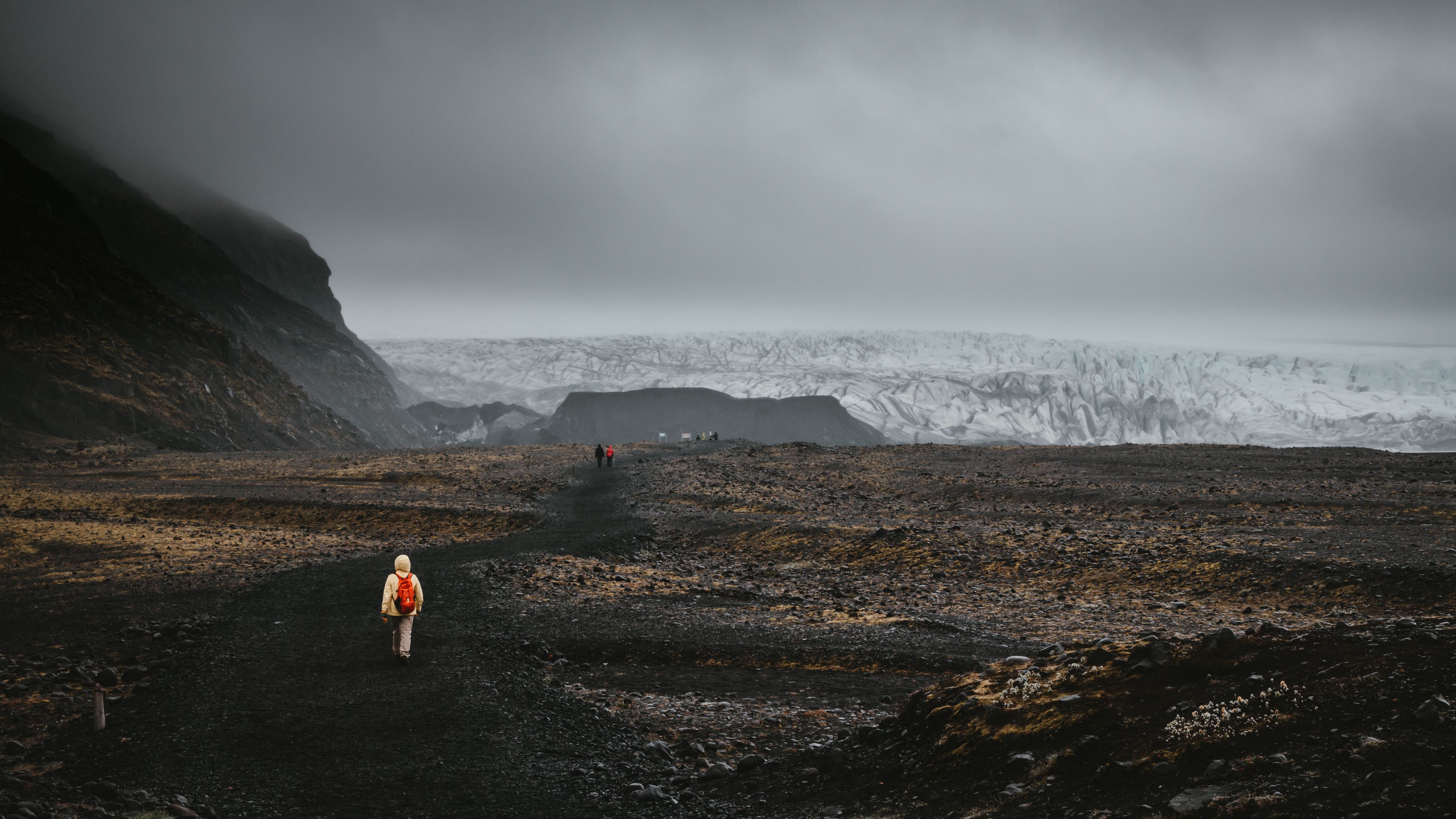 mountains, fog, road, tourists, landscape, iceland, 4k, HD Wallpaper