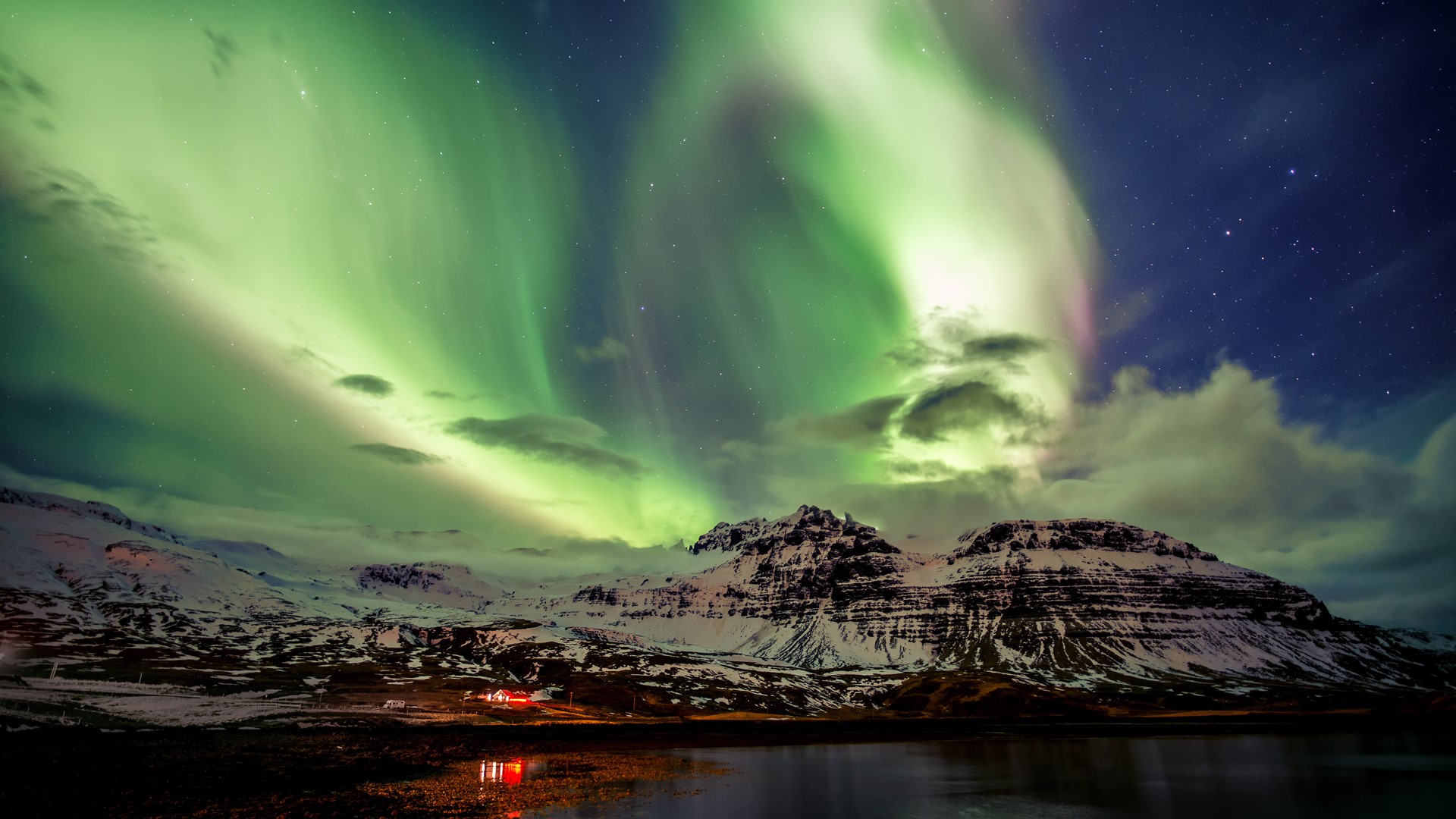 sky, mountains, sunrise, aurora  borealis, HD Wallpaper