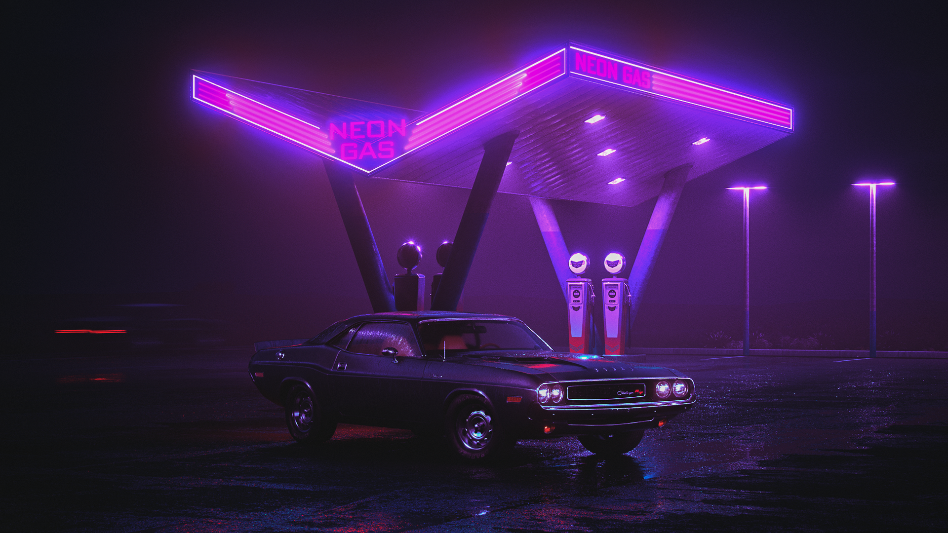 car, purple, Retrowave, landscape, neon, violet, night, neon glow, wet street, gas stations, dzk, HD Wallpaper