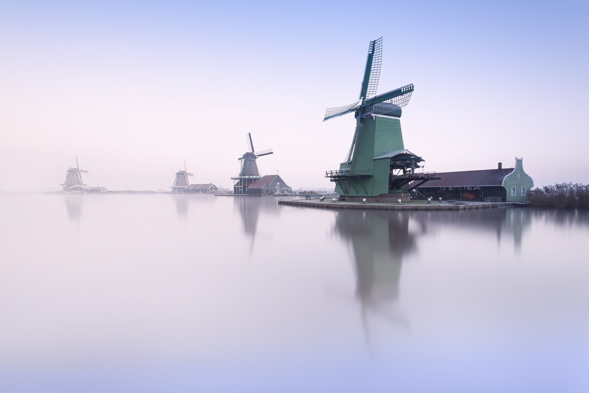 reflection, windmill, mist, HD Wallpaper