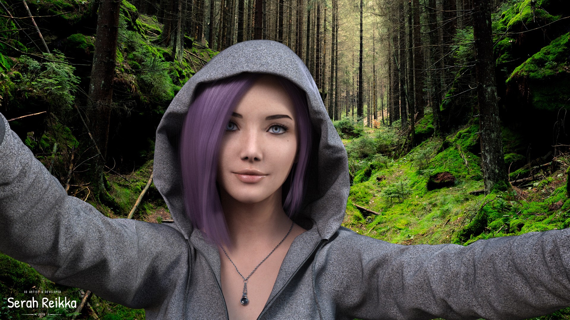 women, hoods, wood, blue eyes, render, CGI, 3d design, selfies, HD Wallpaper