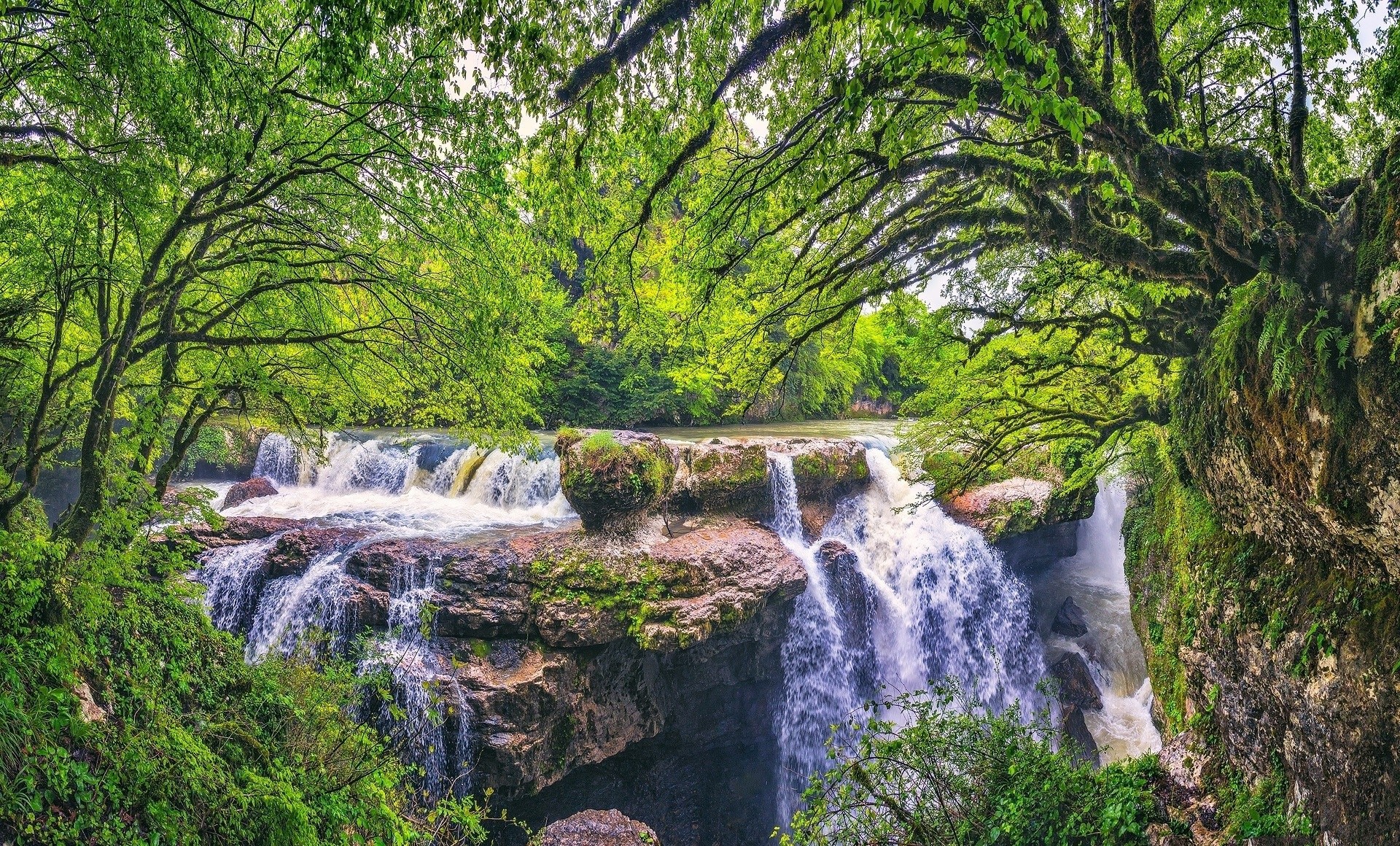 green, trees, water, waterfall, nature, HD Wallpaper