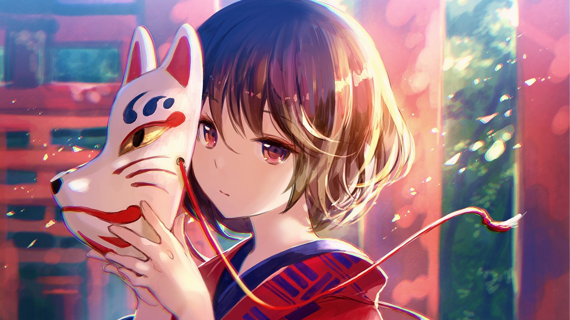 anime, women, mask, anime girls, brunette, HD Wallpaper