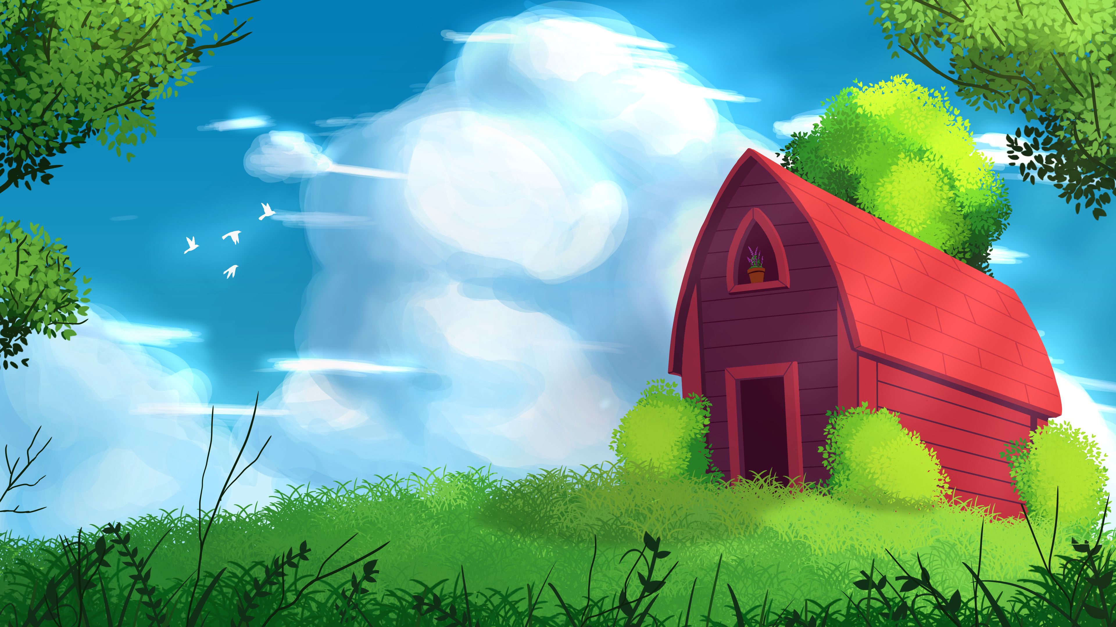 house, trees, grass, clouds, art, 4k, HD Wallpaper