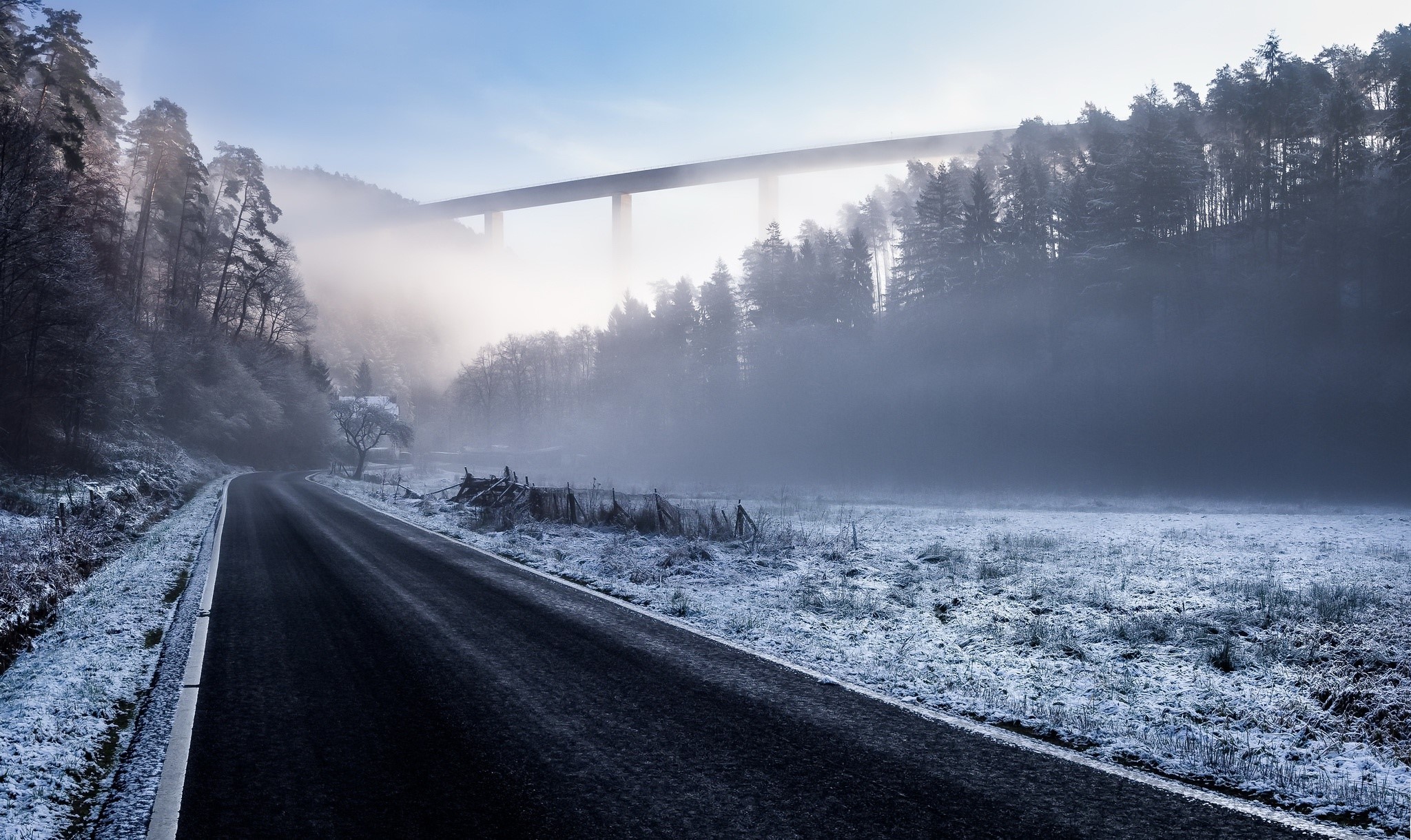 road, landscape, mist, winter, HD Wallpaper