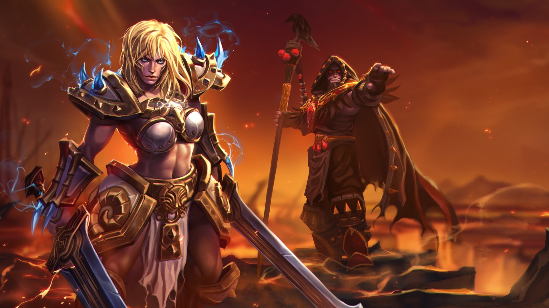 Blizzard Entertainment, video games, heroes of the storm, Warcraft, Medivh, belly, sword, blonde, long hair, Sonya (HotS), HD Wallpaper