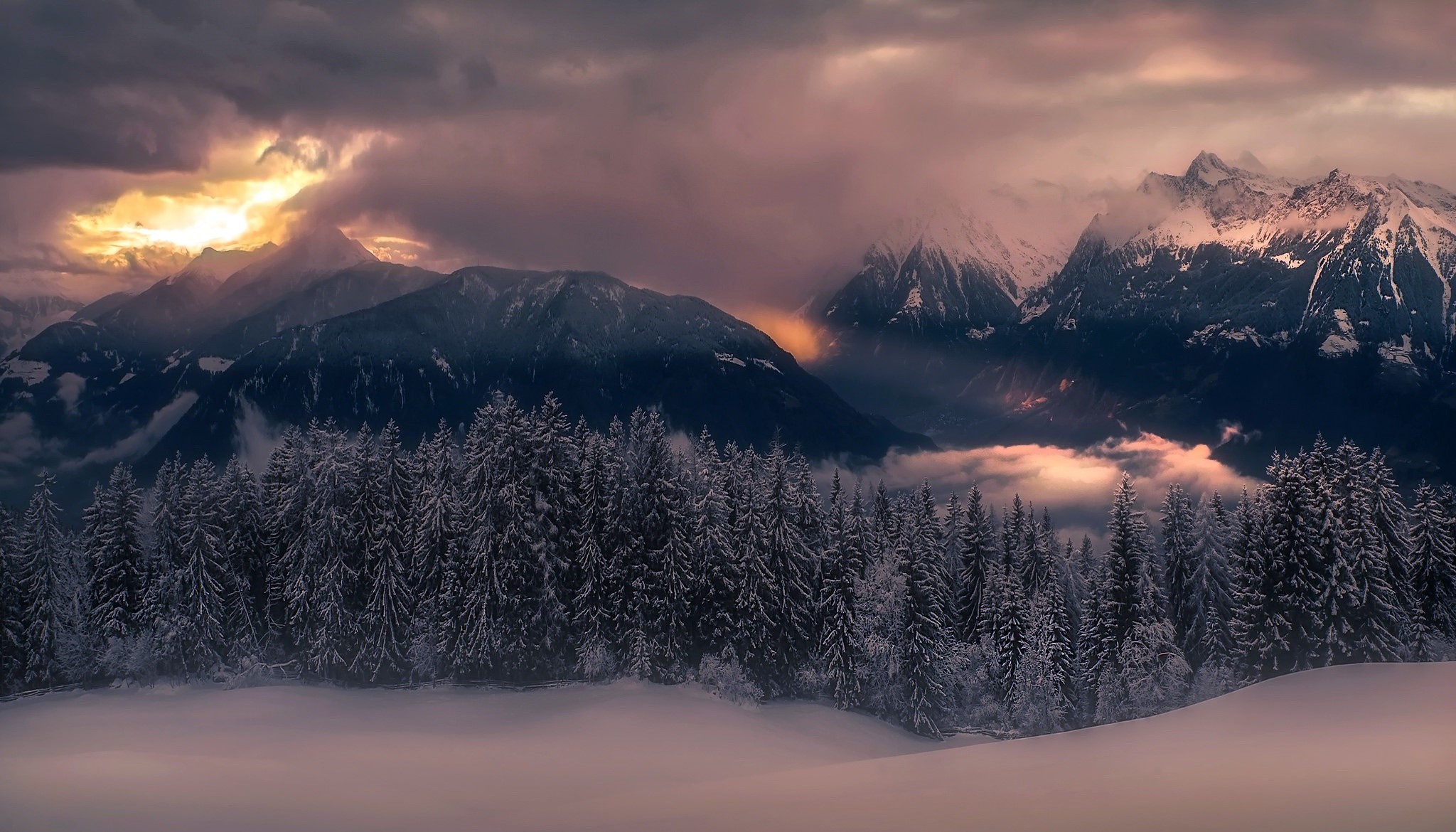 nature, winter, mountains, snow, landscape, trees, HD Wallpaper