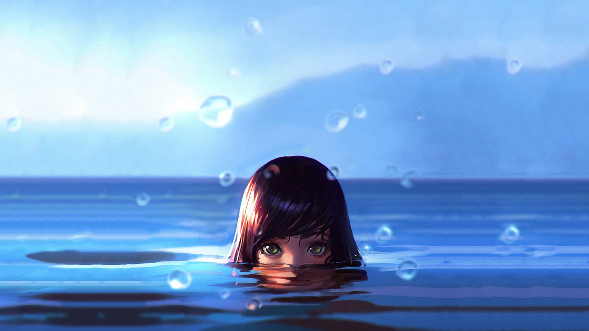 water drops, sea, women, digital art, green eyes, wet, Ilya Kuvshinov, HD Wallpaper