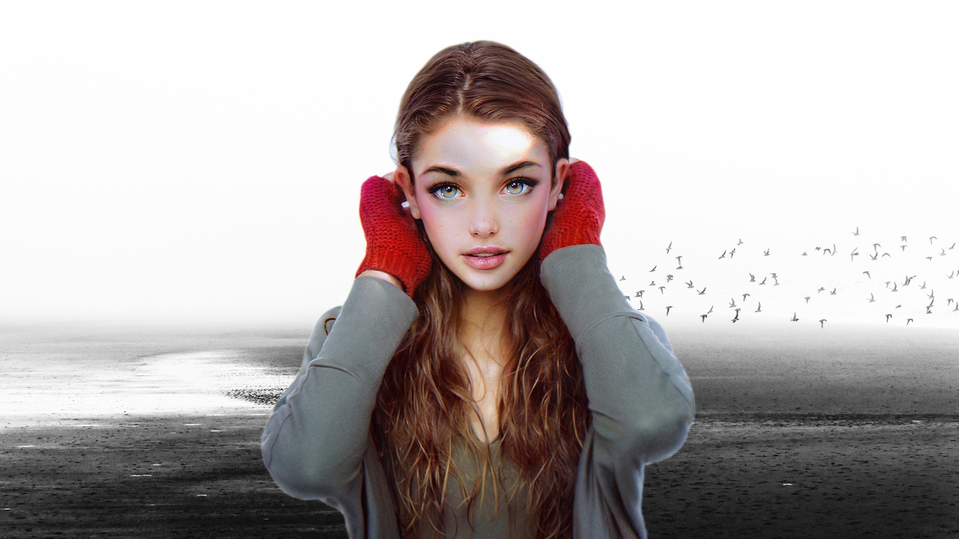 digital art, freckles, women, beach, portrait, HD Wallpaper