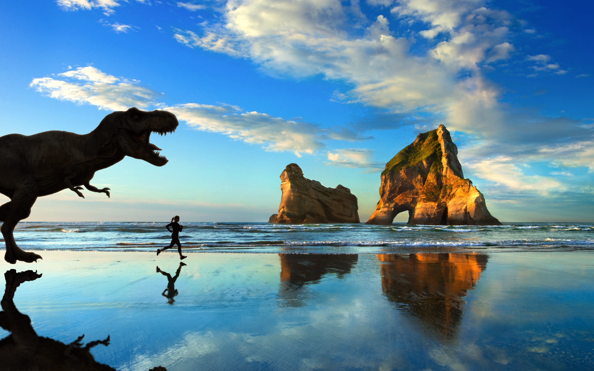 Microsoft Windows, jogging, beach, dinosaurs, Tyrannosaurus rex, HD Wallpaper