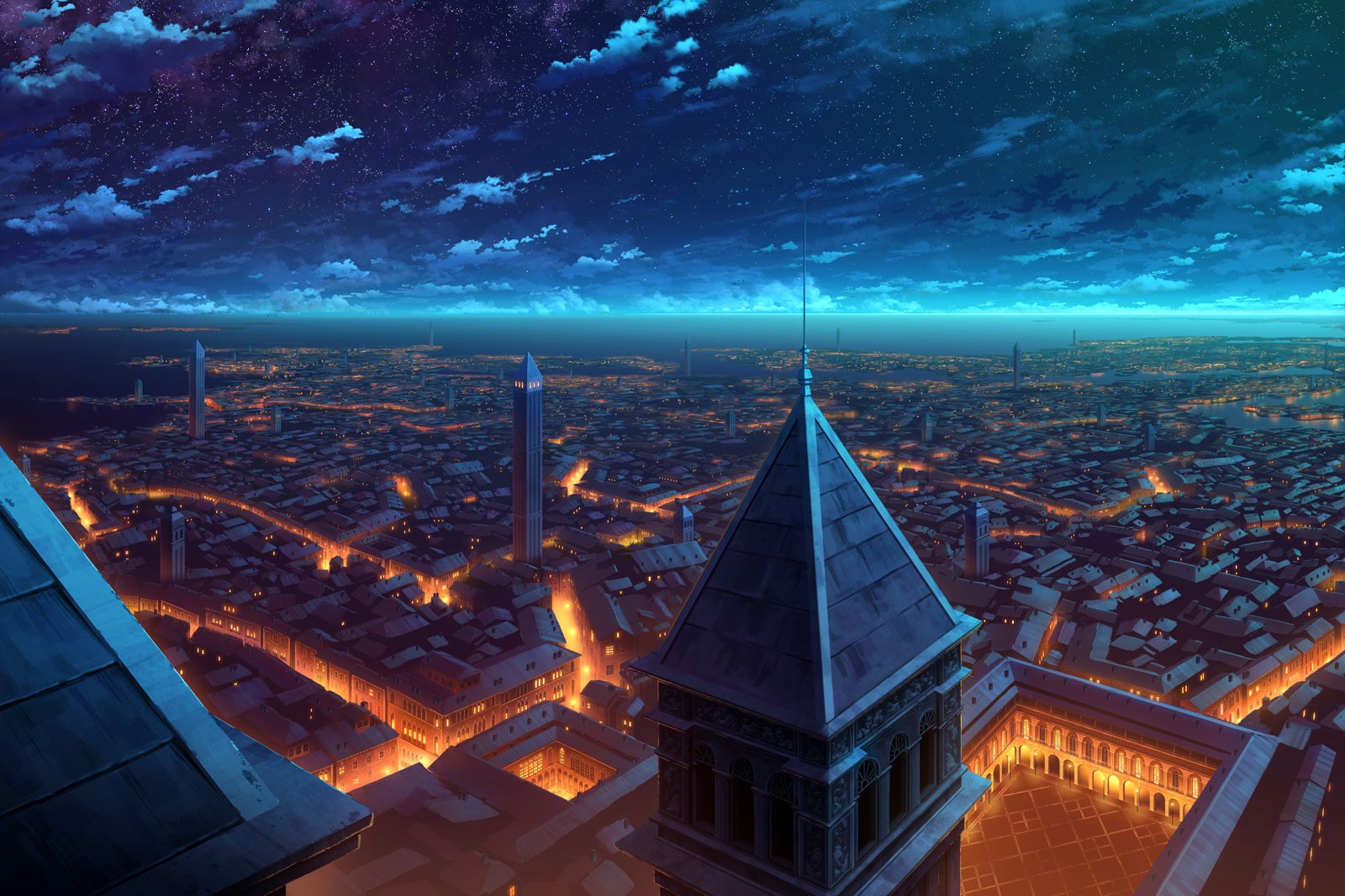 anime, city, night, tower, HD Wallpaper