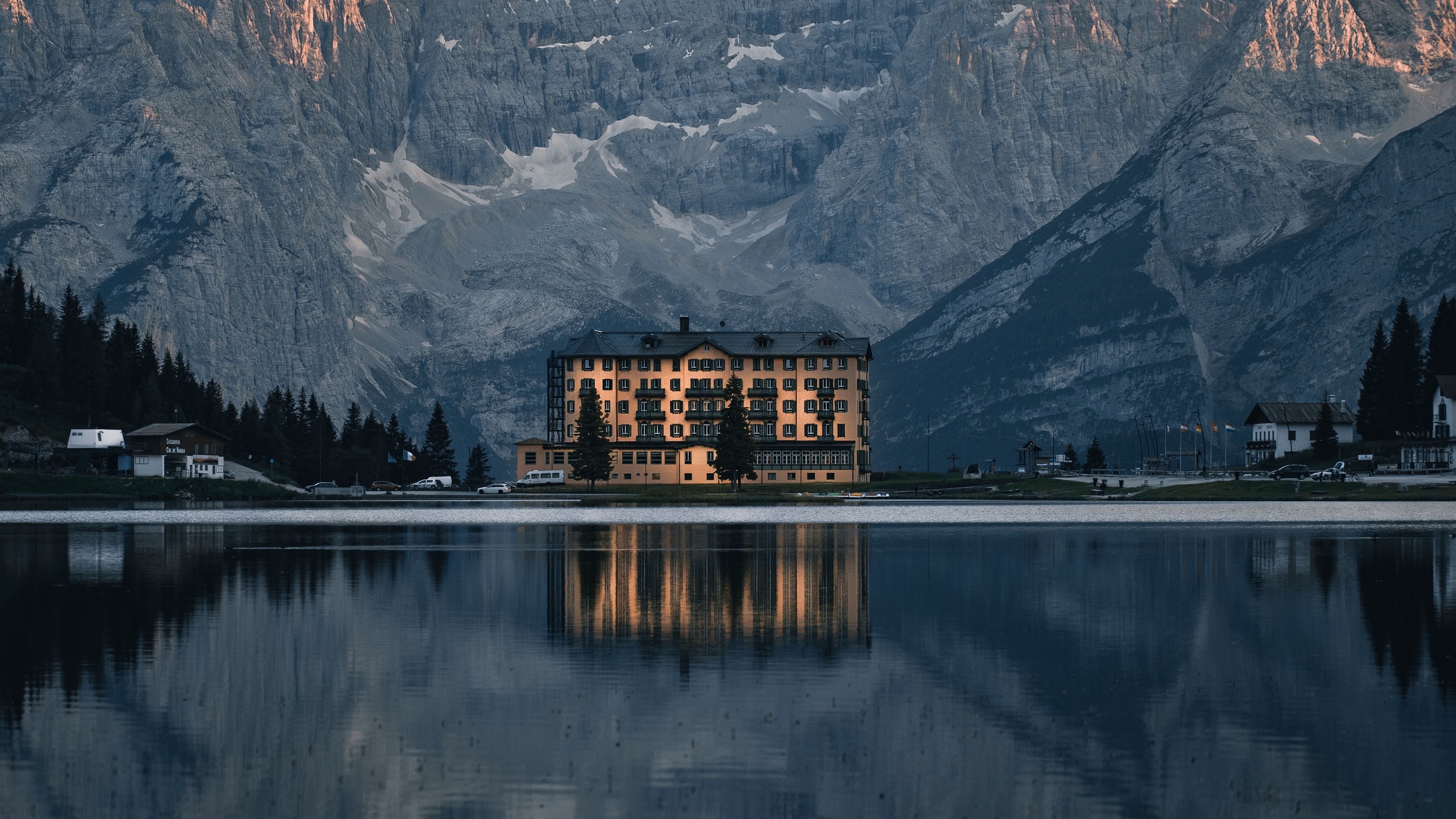 mountains, lake, building, architecture, reflection, 4k, HD Wallpaper