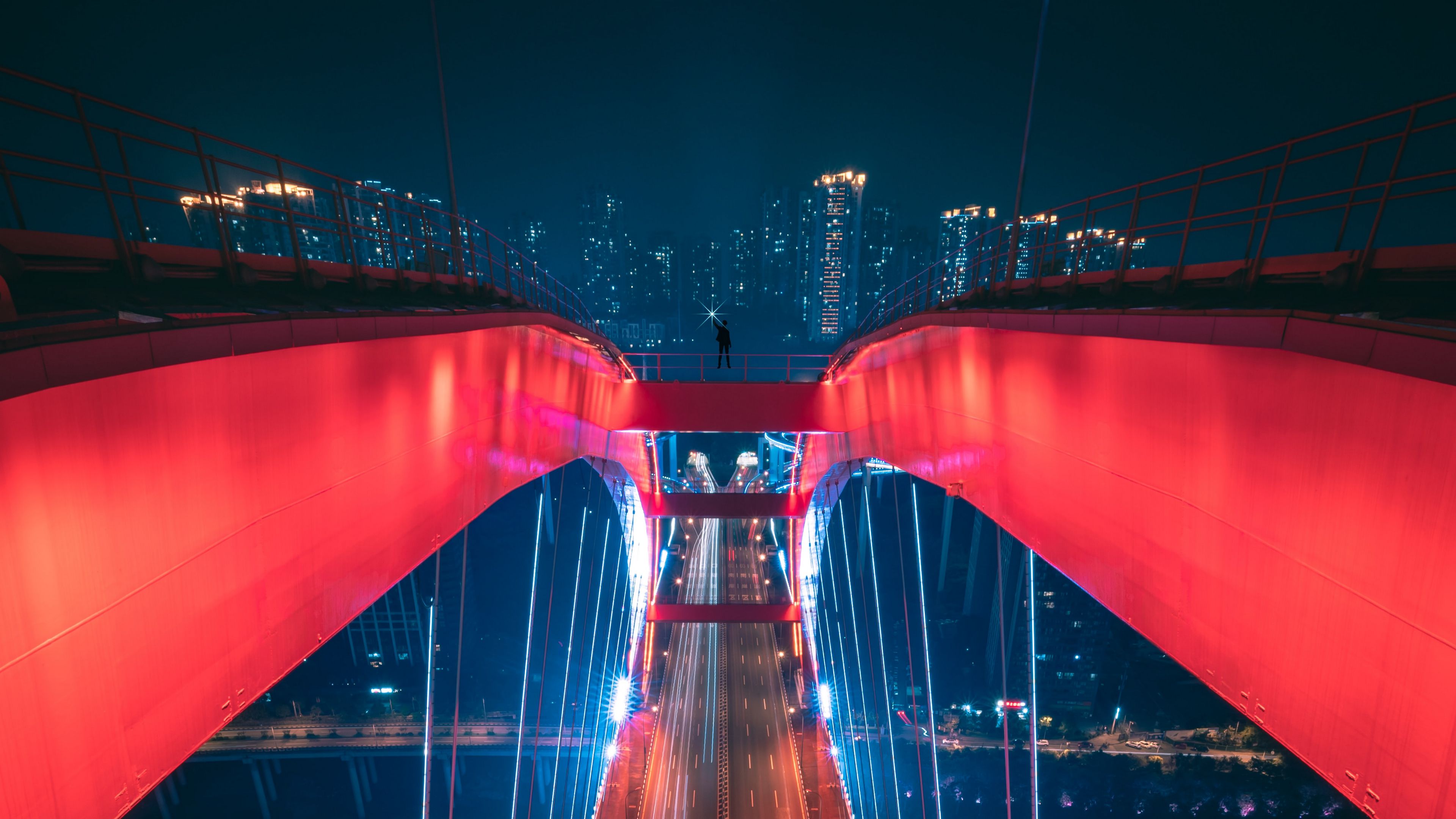 bridge, aerial view, backlight, construction, city, 4k, HD Wallpaper