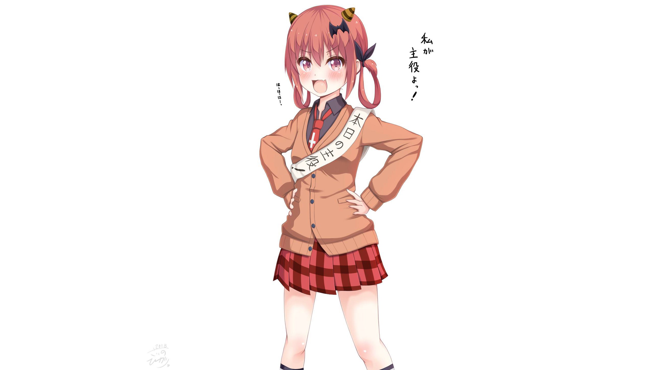 anime, anime girls, Satanichia McDowell Kurumizawa, Gabriel Dropout, white background, redhead, school uniform, simple background, white skin, HD Wallpaper