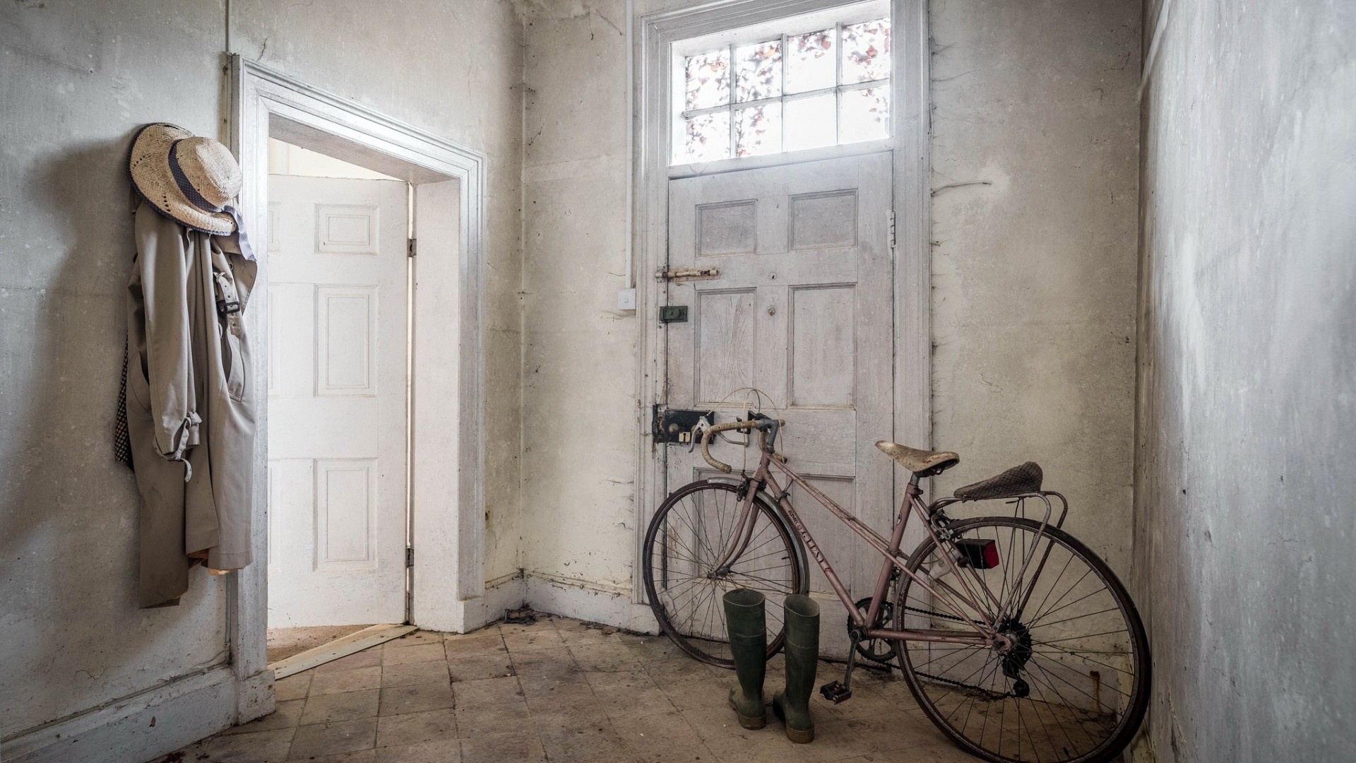 bicycle, house, vehicle, indoors, door, white, boots, tiles, beige, HD Wallpaper