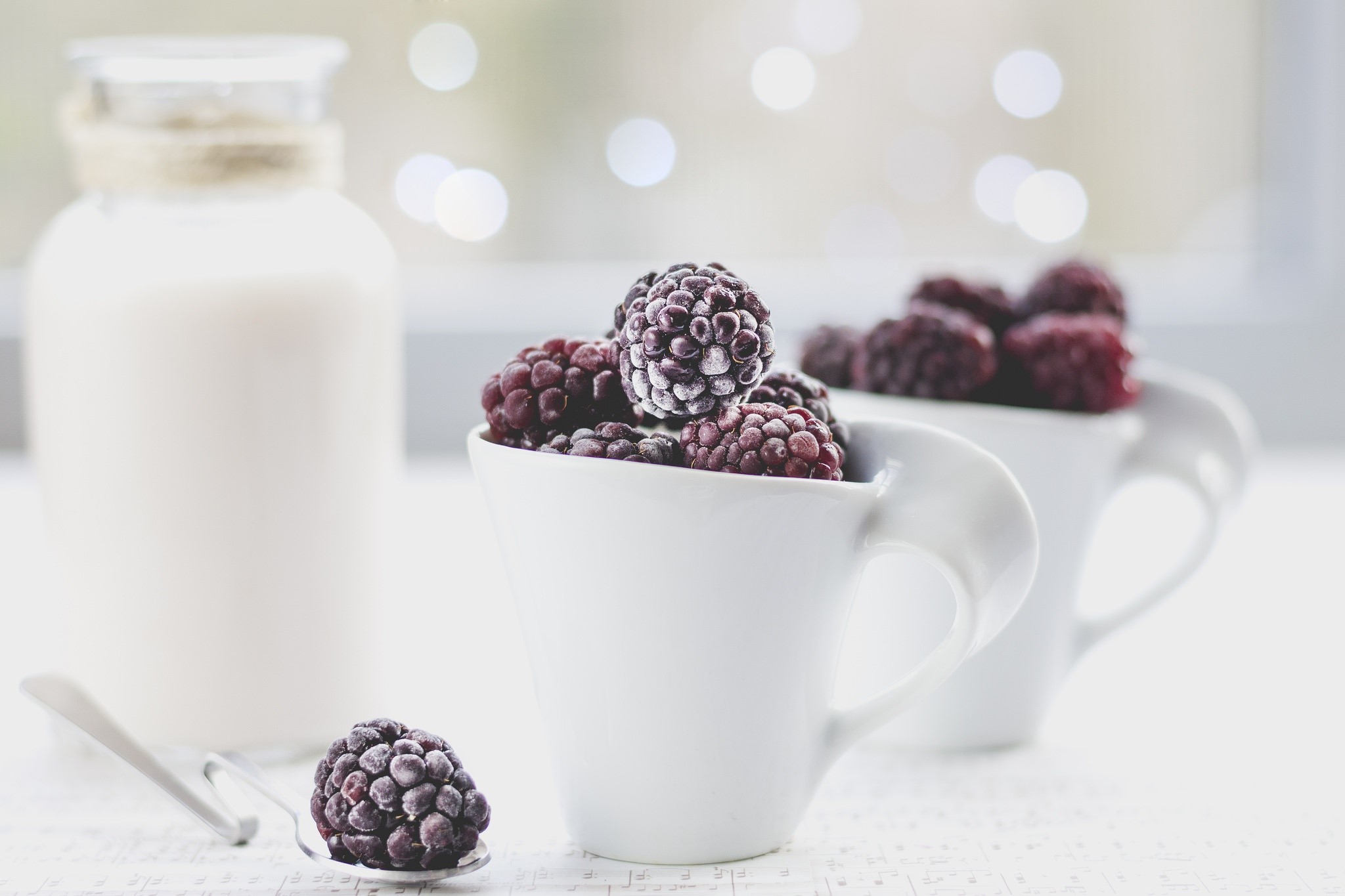 white, milk, cup, fruit, berries, food, HD Wallpaper