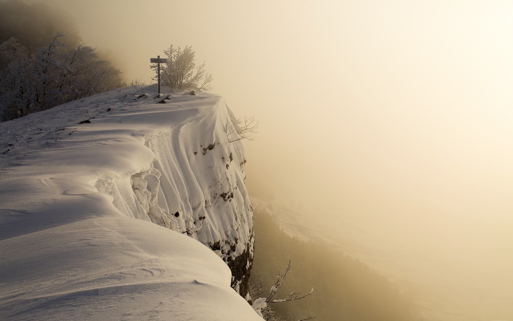 nature, landscape, snow, cold, winter, cliff, mist, HD Wallpaper