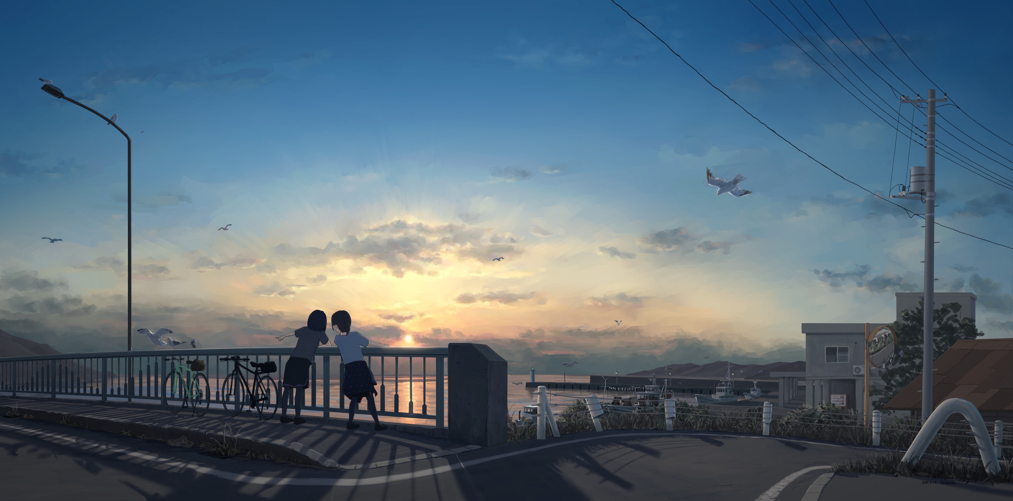 sky, anime, anime girls, birds, sea, HD Wallpaper