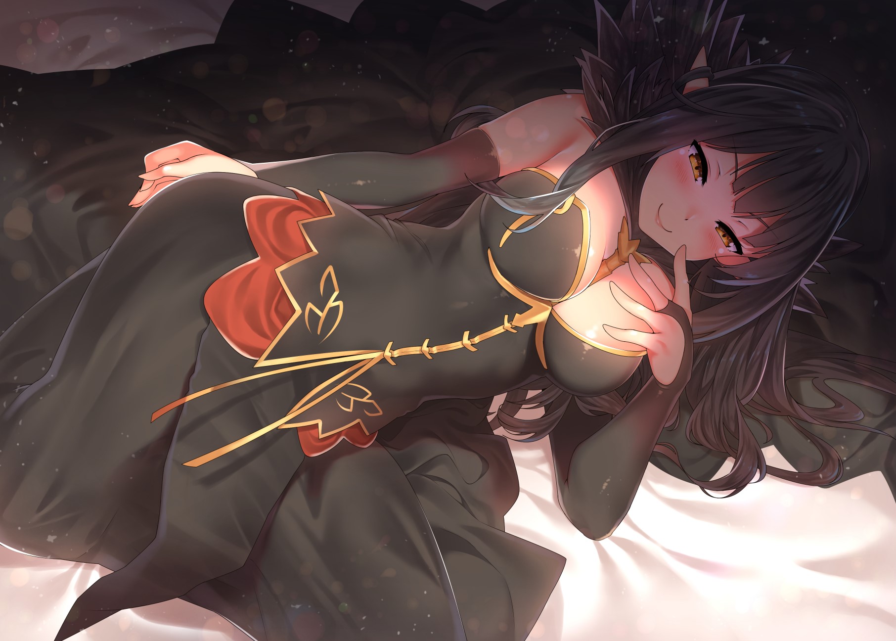 boobs, Assassin of Red (Semiramis) (Fate/Apocrypha), Fate/Grand Order, blushing, cleavage, black hair, white background, Fate/Apocrypha, anime girls, Fate Series, arm warmers, detached sleeves, HD Wallpaper