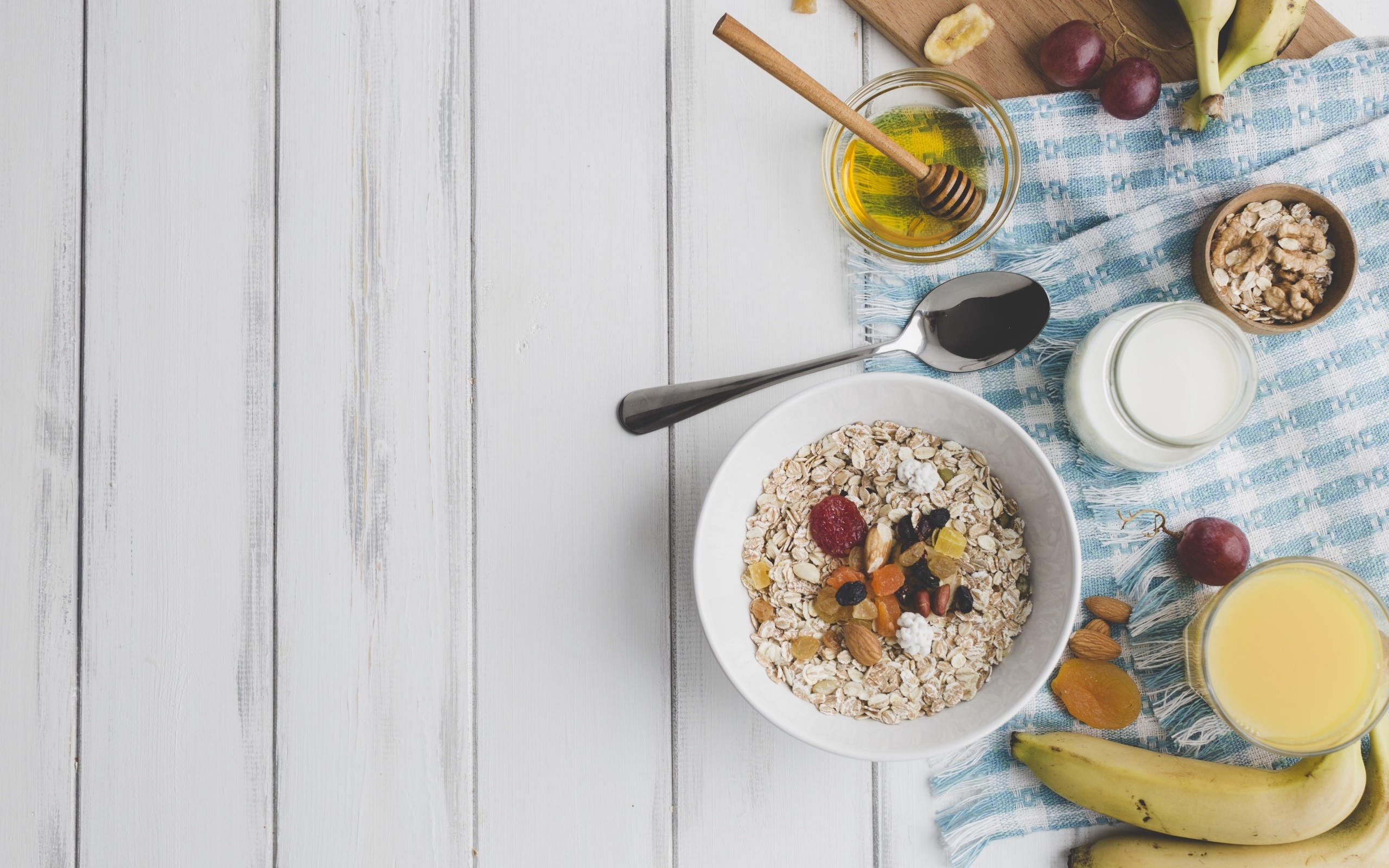 still life, fruit, breakfast, bananas, honey, food, milk, HD Wallpaper