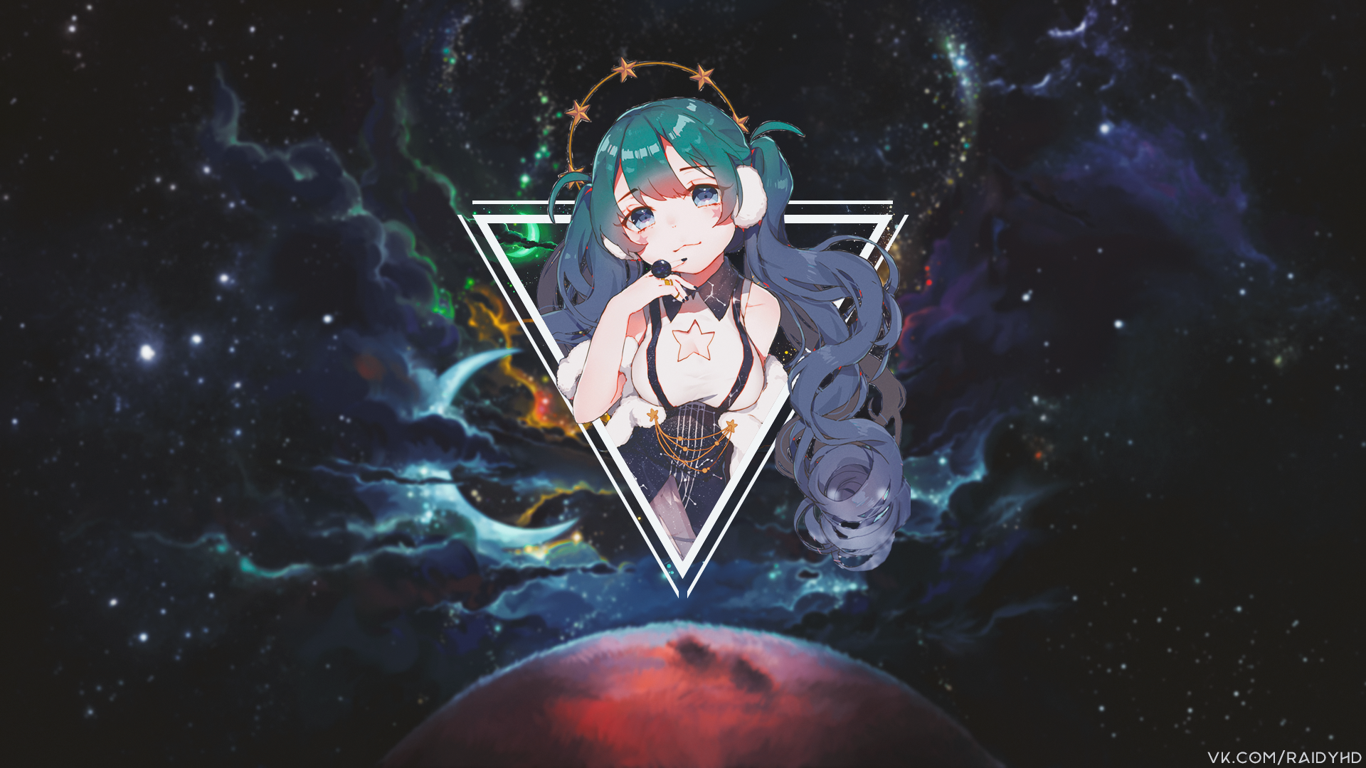 anime, anime girls, picture-in-picture, blue hair, blue eyes, galaxy, HD Wallpaper