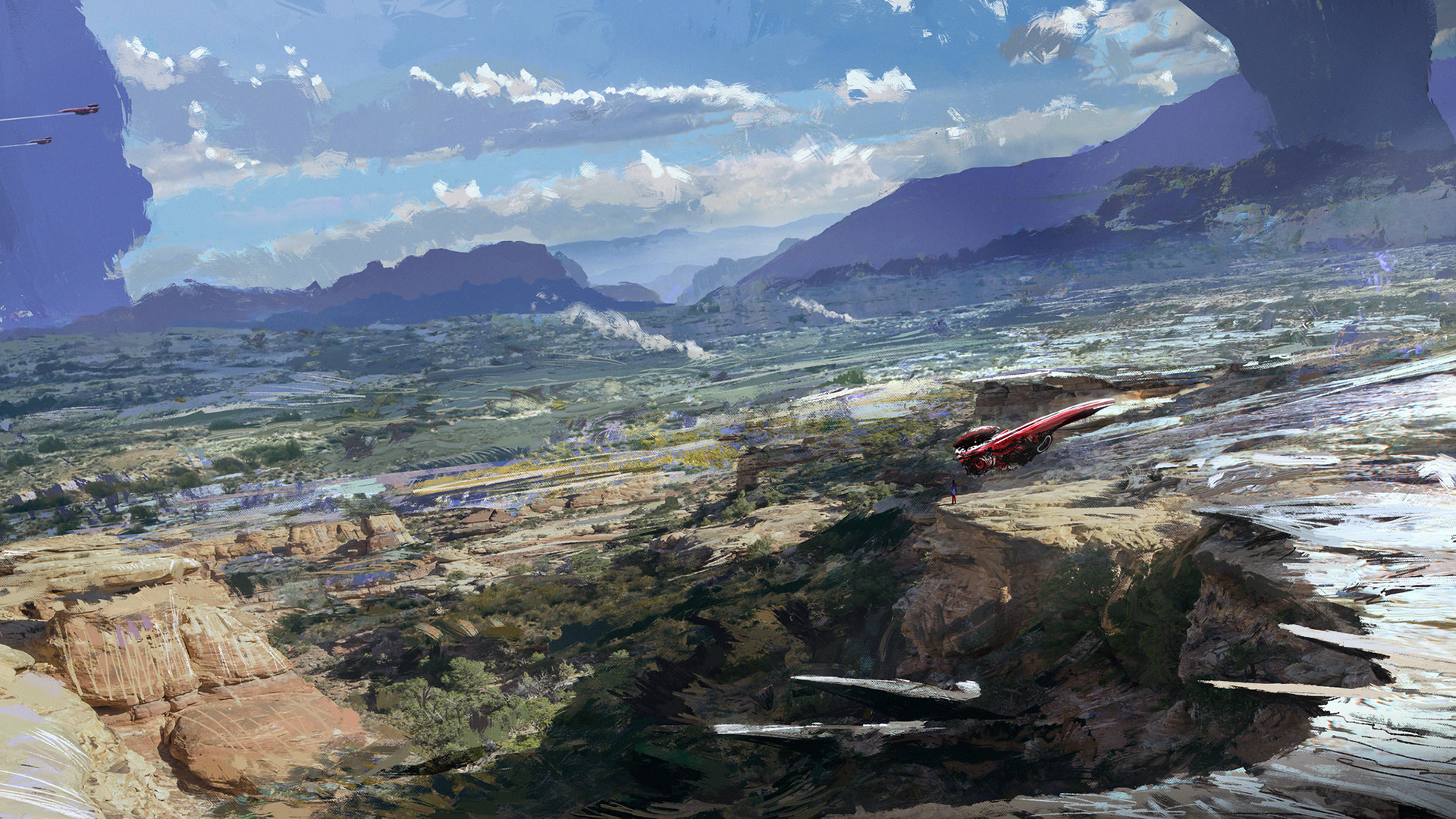 digital art, mountains, science fiction, spaceship, HD Wallpaper