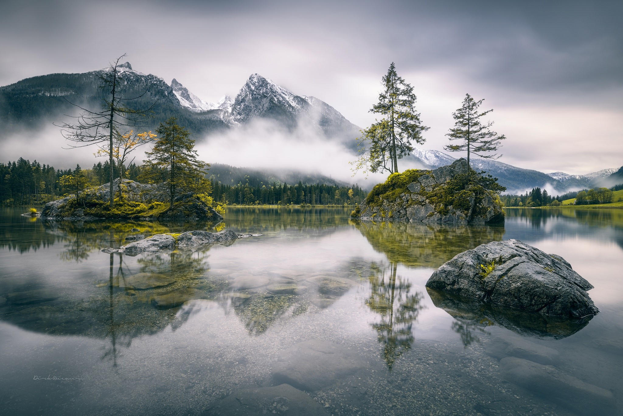 mountains, reflection, nature, trees, landscape, water, watermarked, HD Wallpaper