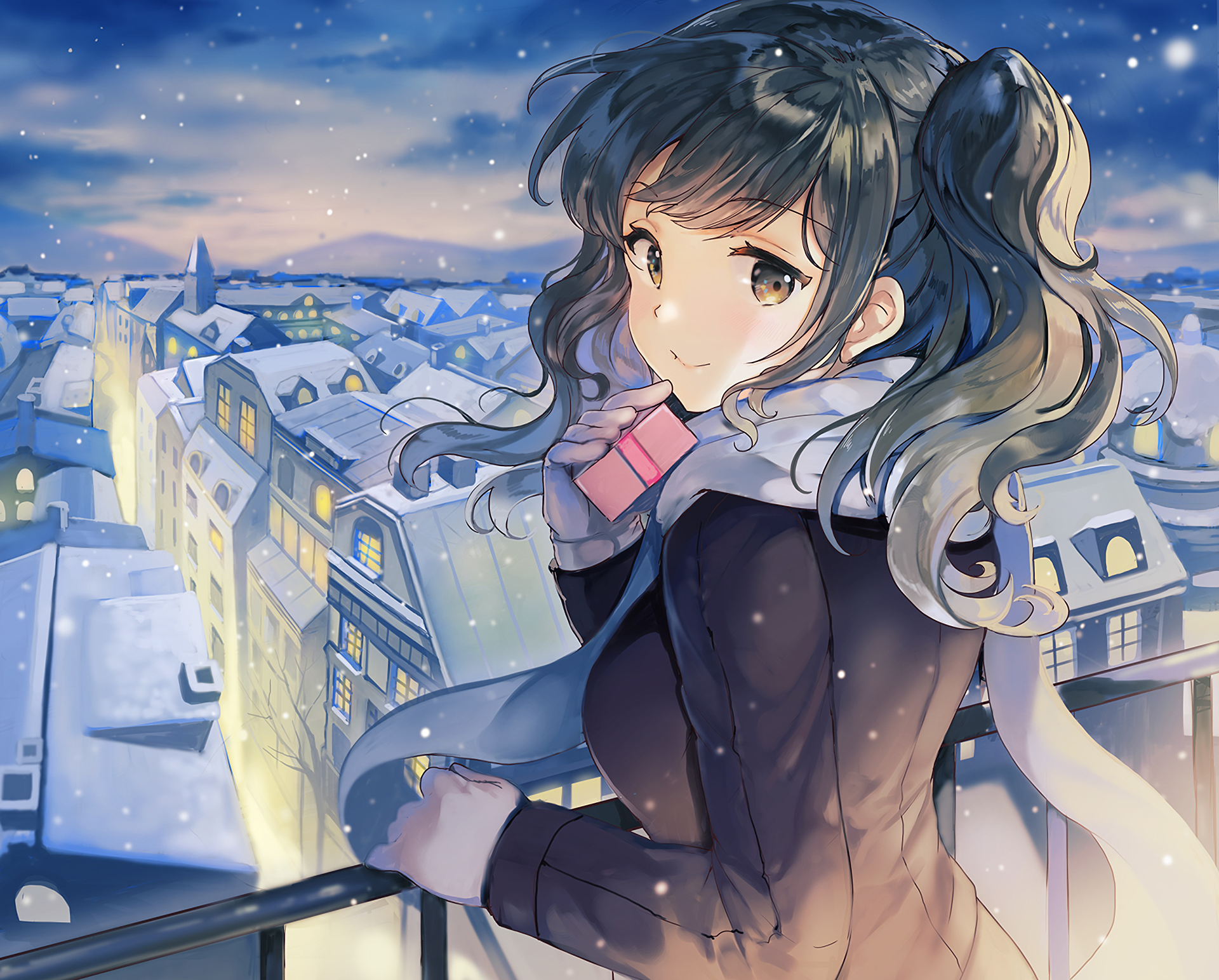 anime, anime girls, original characters, brunette, long hair, smiling, cityscape, sky, artwork, HD Wallpaper