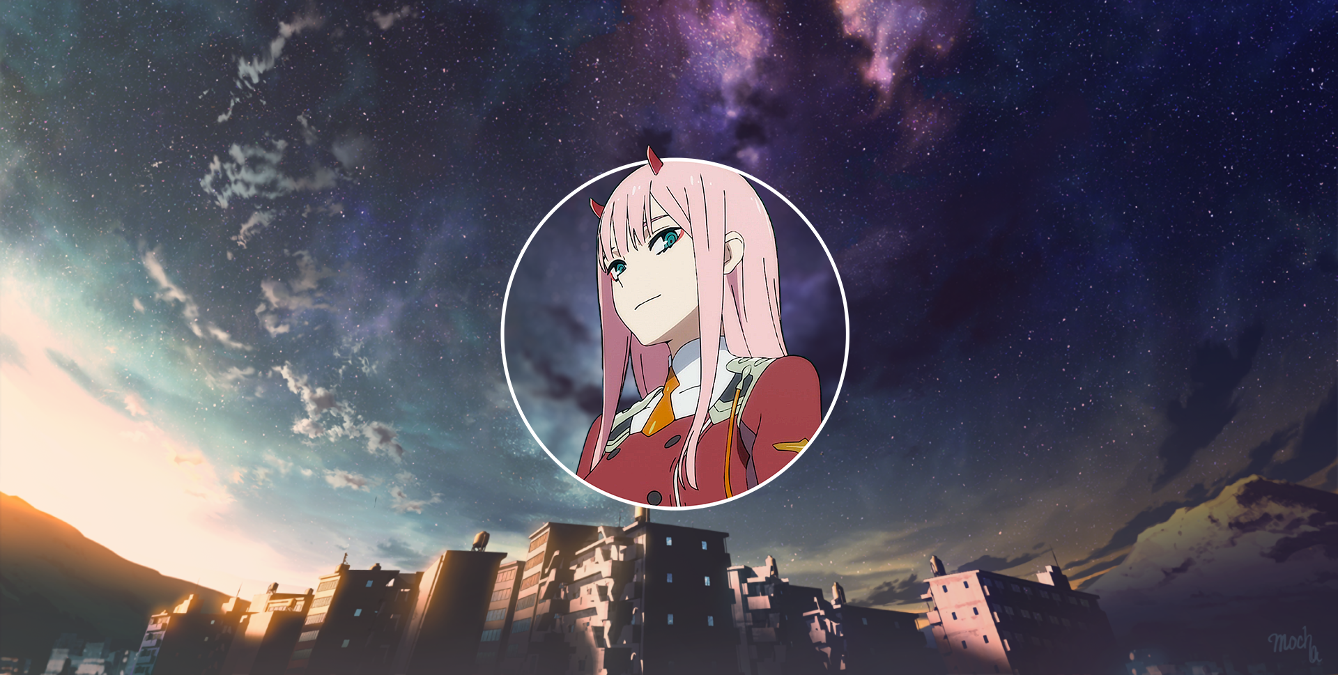 anime, anime girls, picture-in-picture, Darling in the FranXX, Zero Two (Darling in the FranXX), pink hair, long hair, artwork, cityscape, sky, clouds, stars, mountains, HD Wallpaper