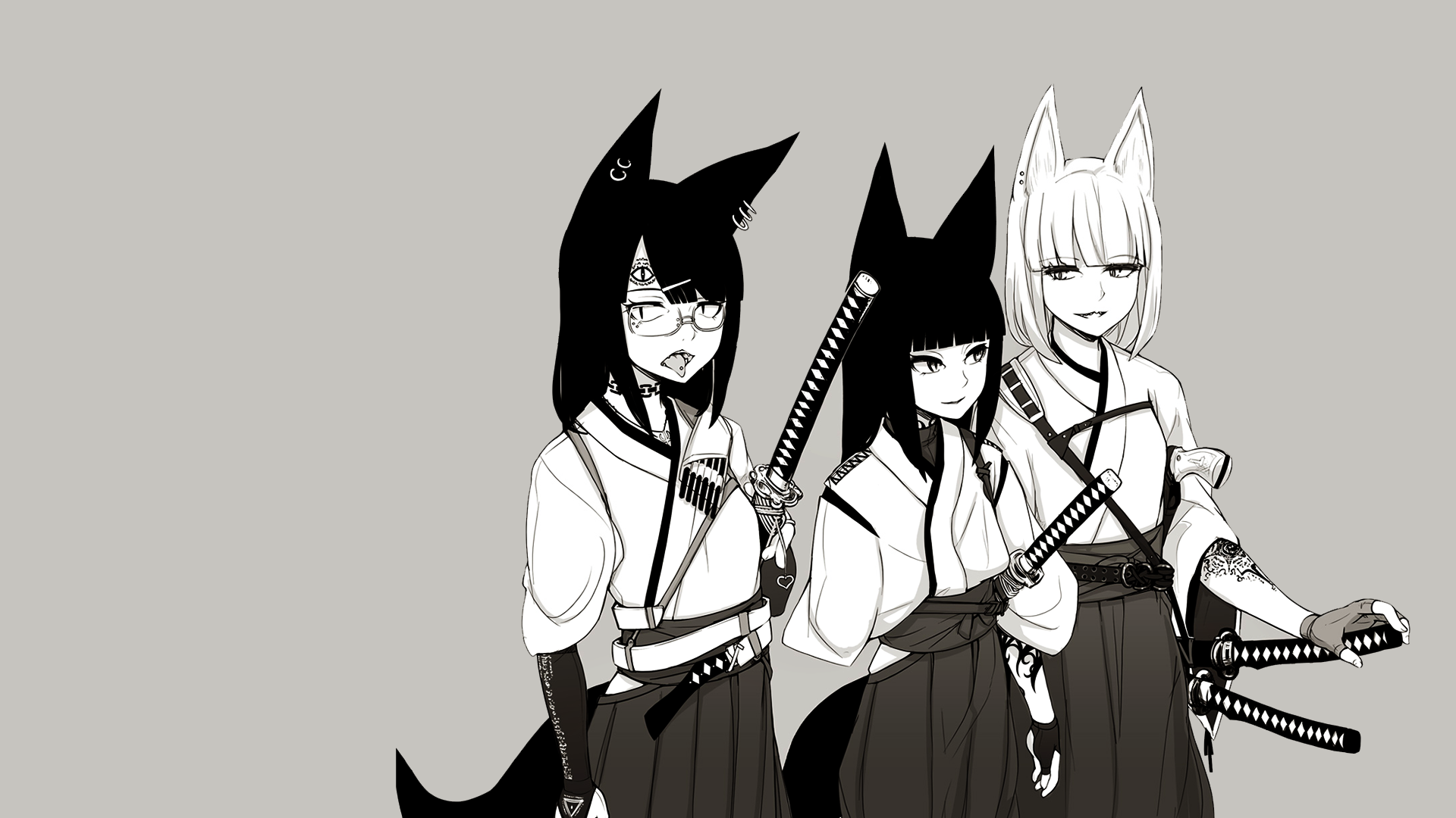 anime girls, pointed ears, symbolism, piercing, katana, simple background, HD Wallpaper