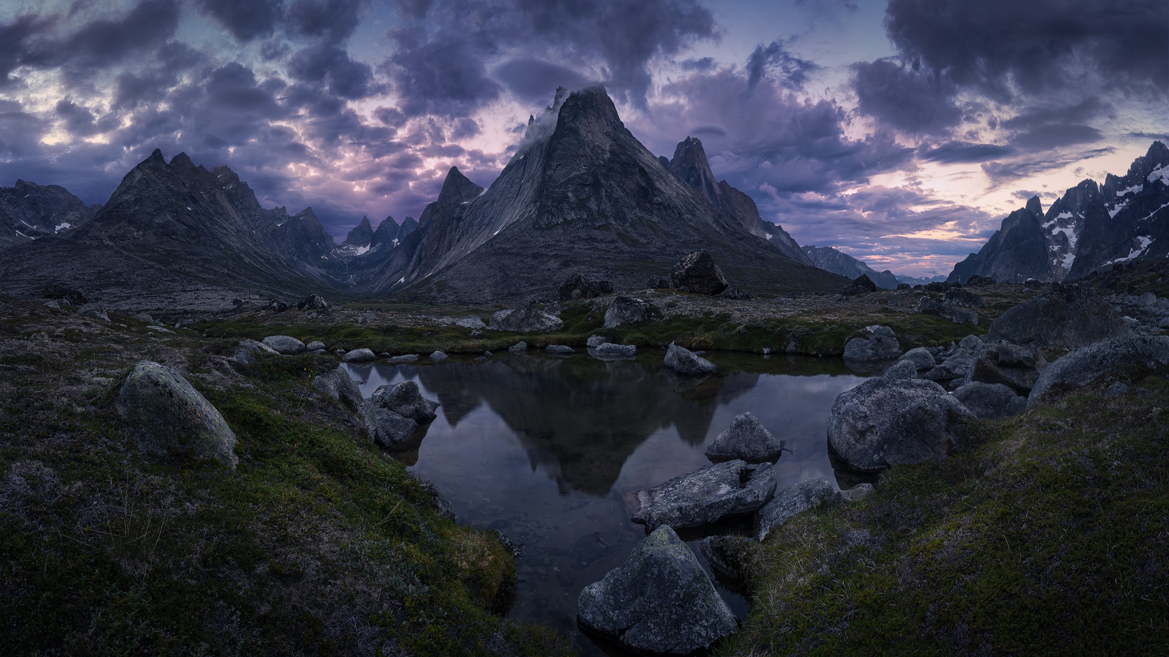 mountains, clouds, water, landscape, valley, sky, grass, snow, HD Wallpaper