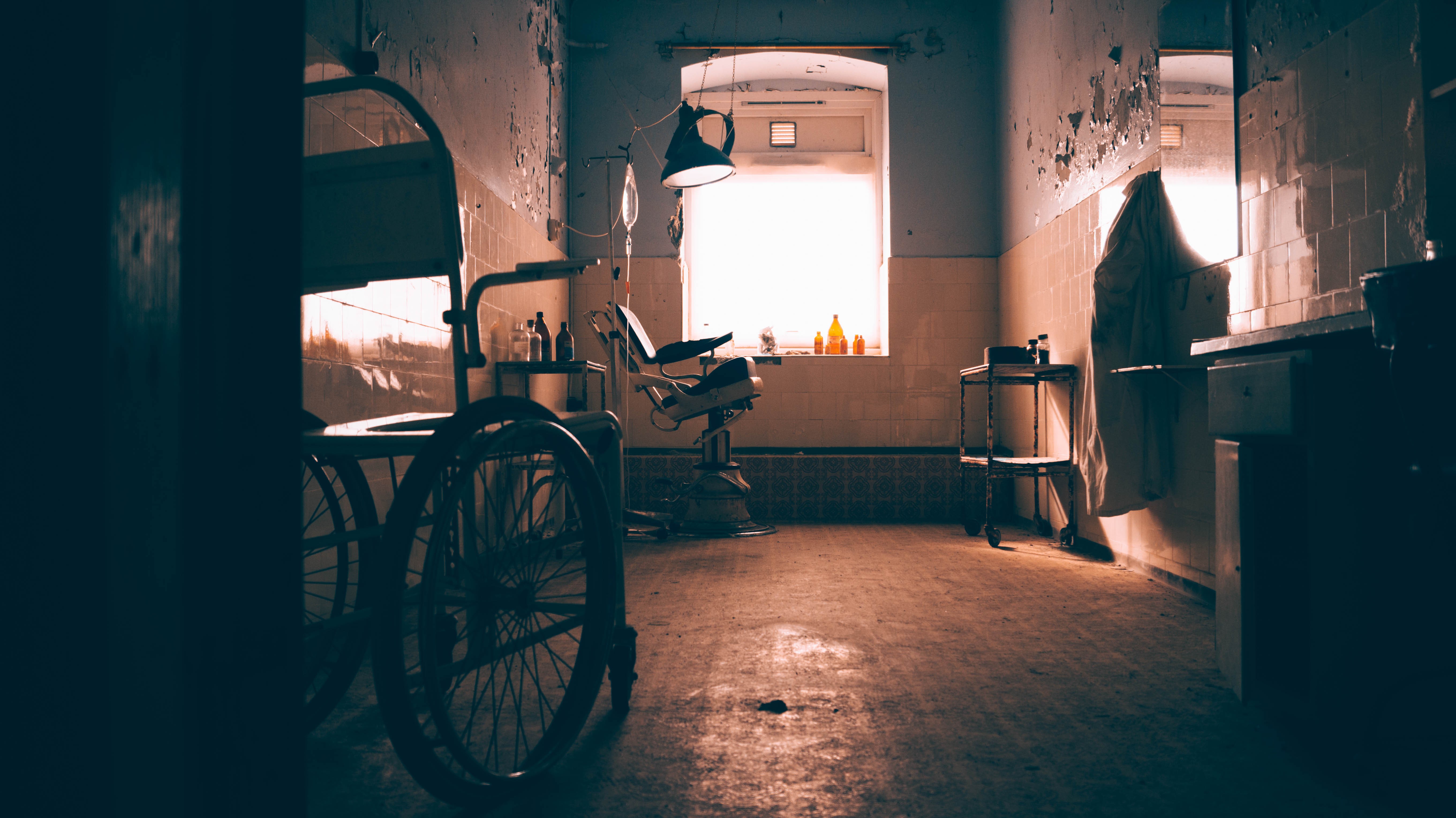asylum, abandoned, Wheelchair, window, sunbeams, urbex, HD Wallpaper