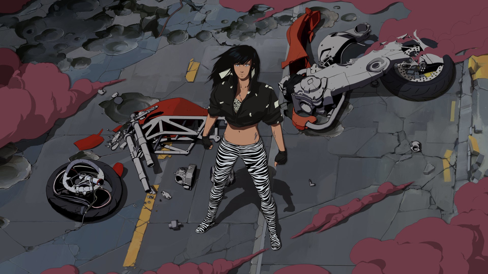 digital art, black hair, motorcycle, wreck, showtime, Maciej Kuciara, HD Wallpaper