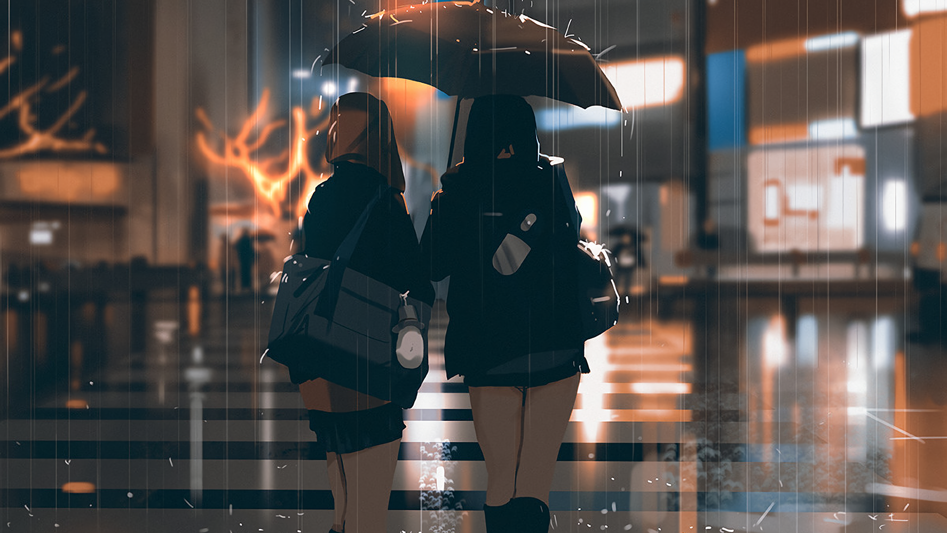 digital art, rain, road, women, umbrella, HD Wallpaper