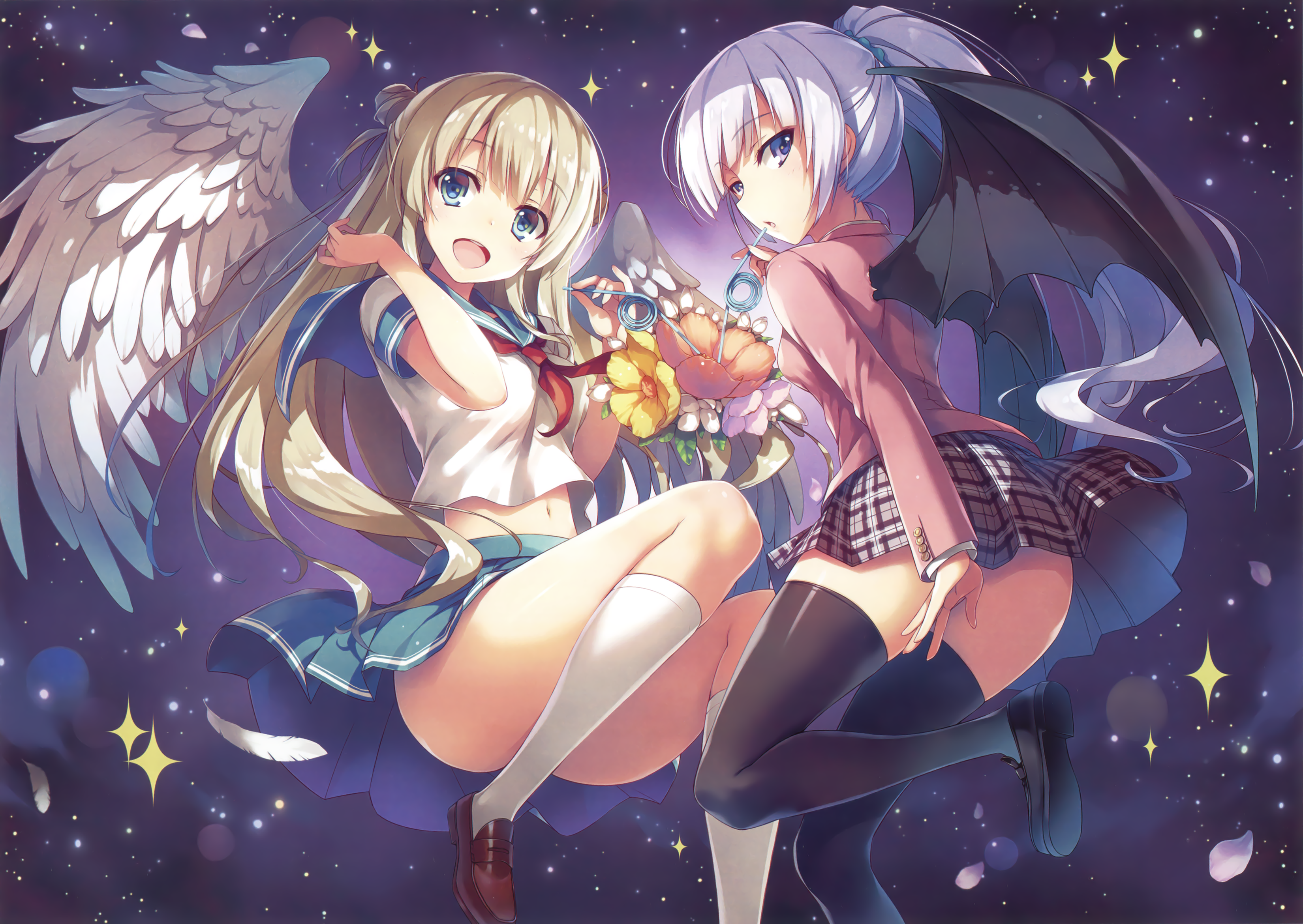 aqua eyes, ass, blonde, navels, purple eyes, scan, white hair, wings, HD Wallpaper