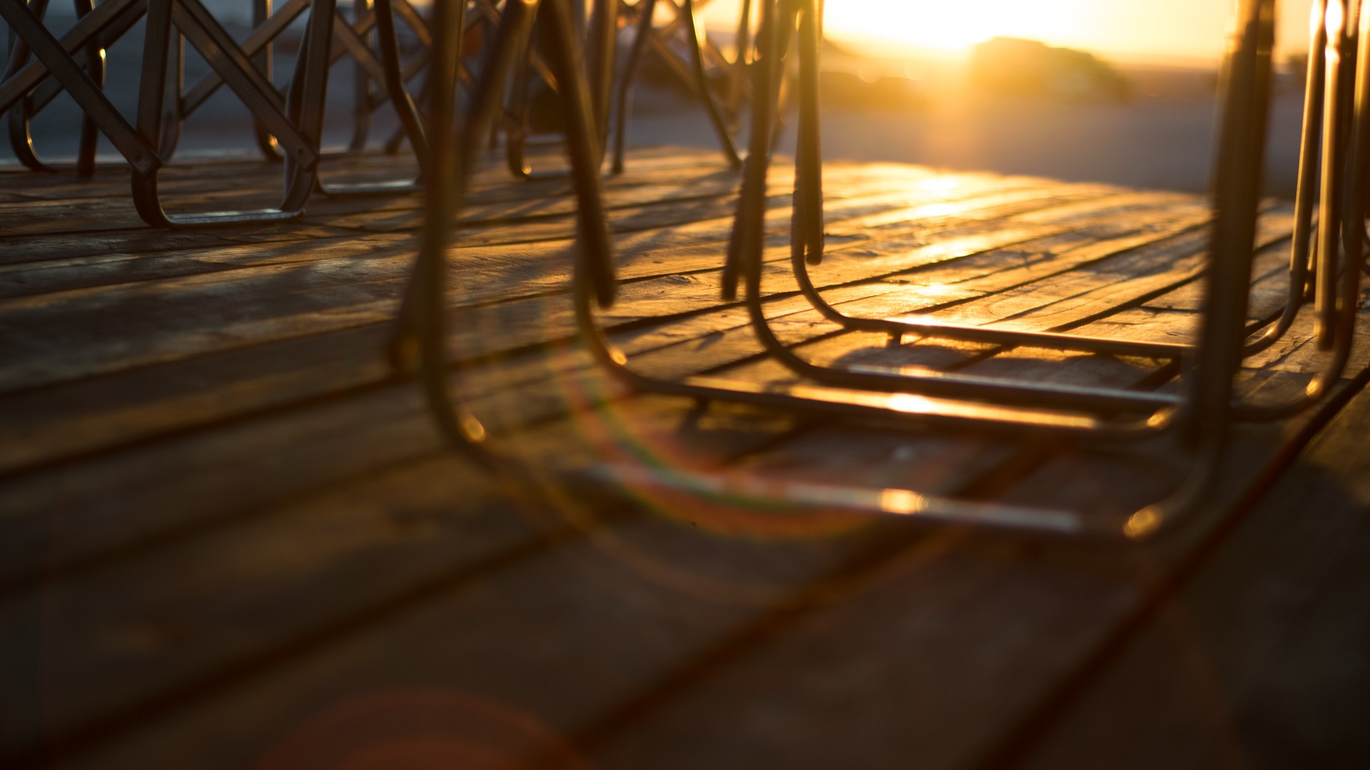 sunset, chair, sunlight, wooden surface, HD Wallpaper