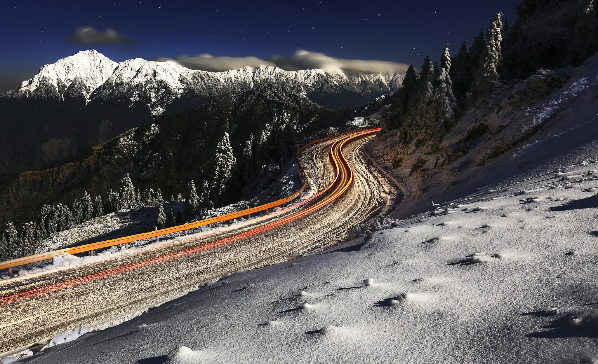 long exposure, road, mountains, snow, winter, HD Wallpaper