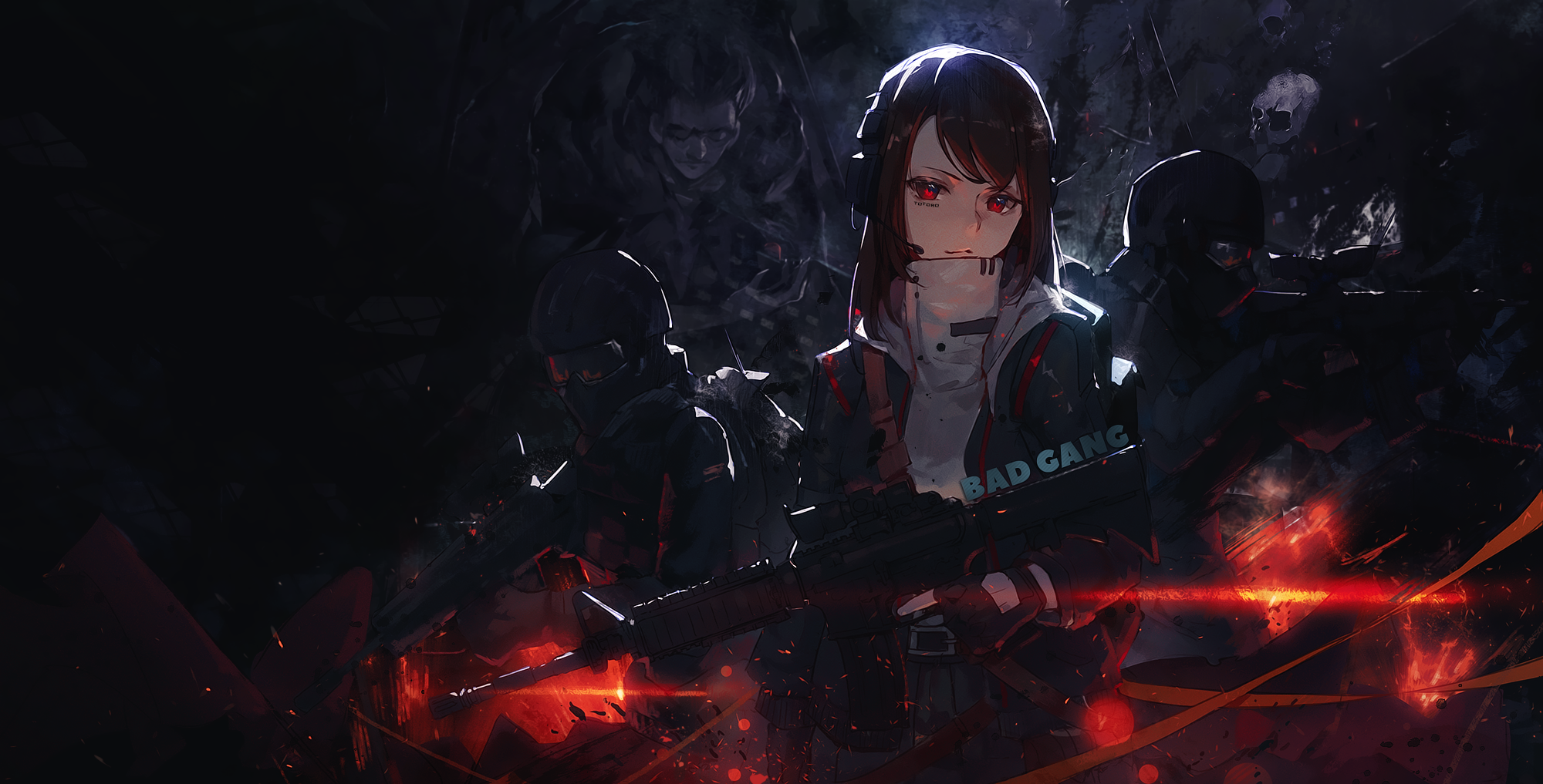 digital art, artwork, anime, anime girls, red eyes, brunette, gun, looking at viewer, HD Wallpaper