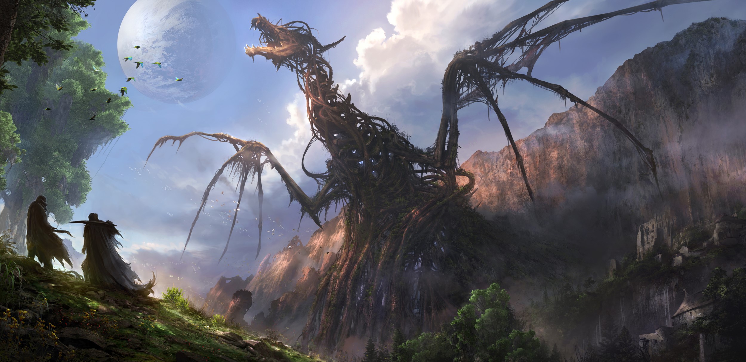 digital art, artwork, dragon, skeleton, fantasy art, landscape, low-angle, HD Wallpaper
