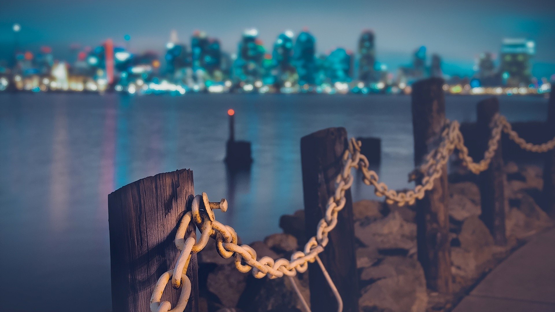 water, city, lights, night, chains, cyan, cityscape, HD Wallpaper