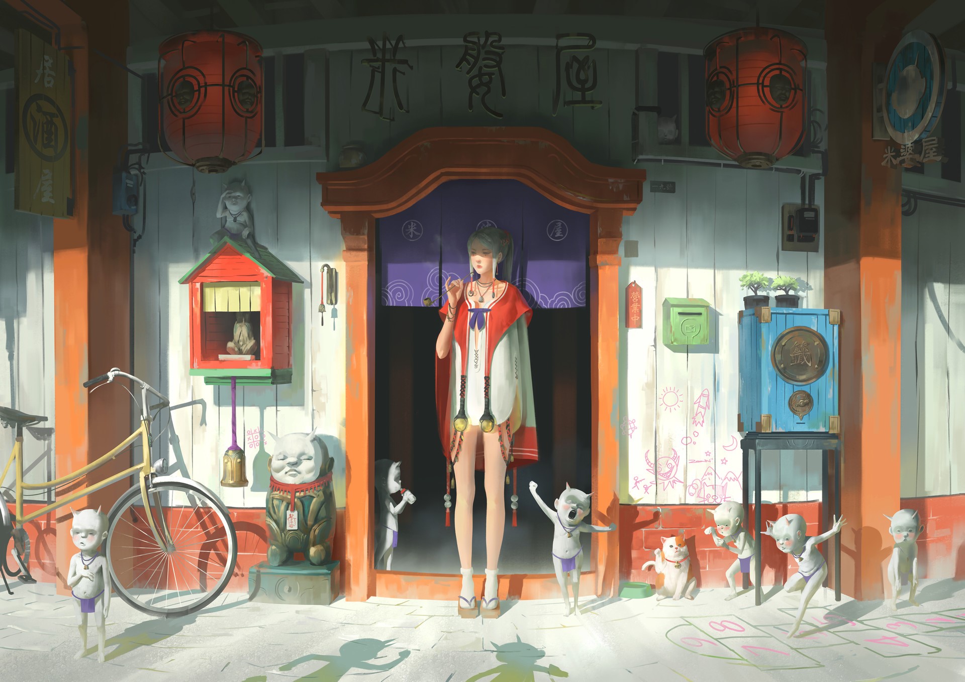 women, goblin, dress, door, bicycle, Zeen Chin, HD Wallpaper