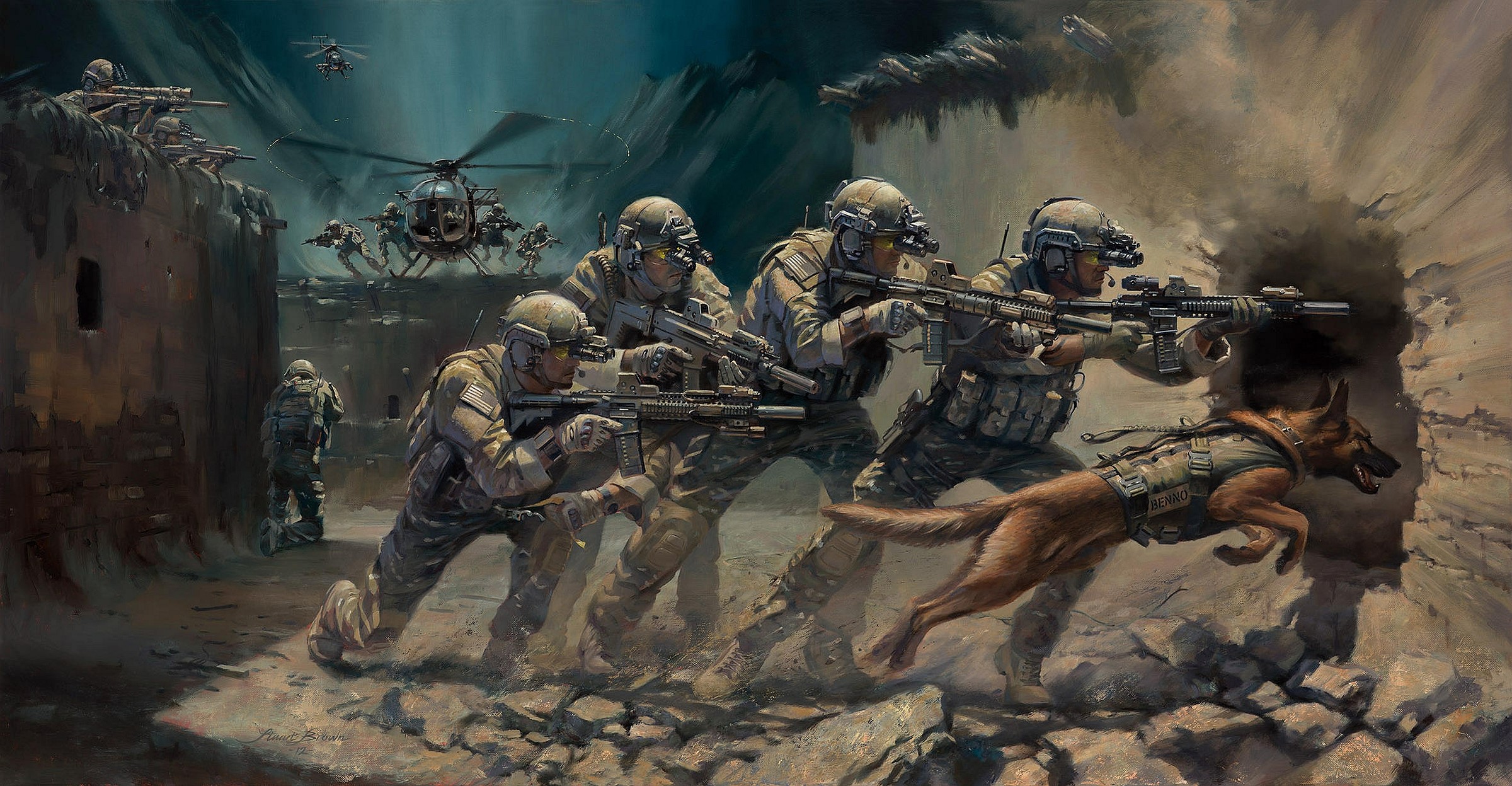 artwork, soldier, weapon, rifles, assault rifle, helicopter, helicopters, dog, military, HD Wallpaper